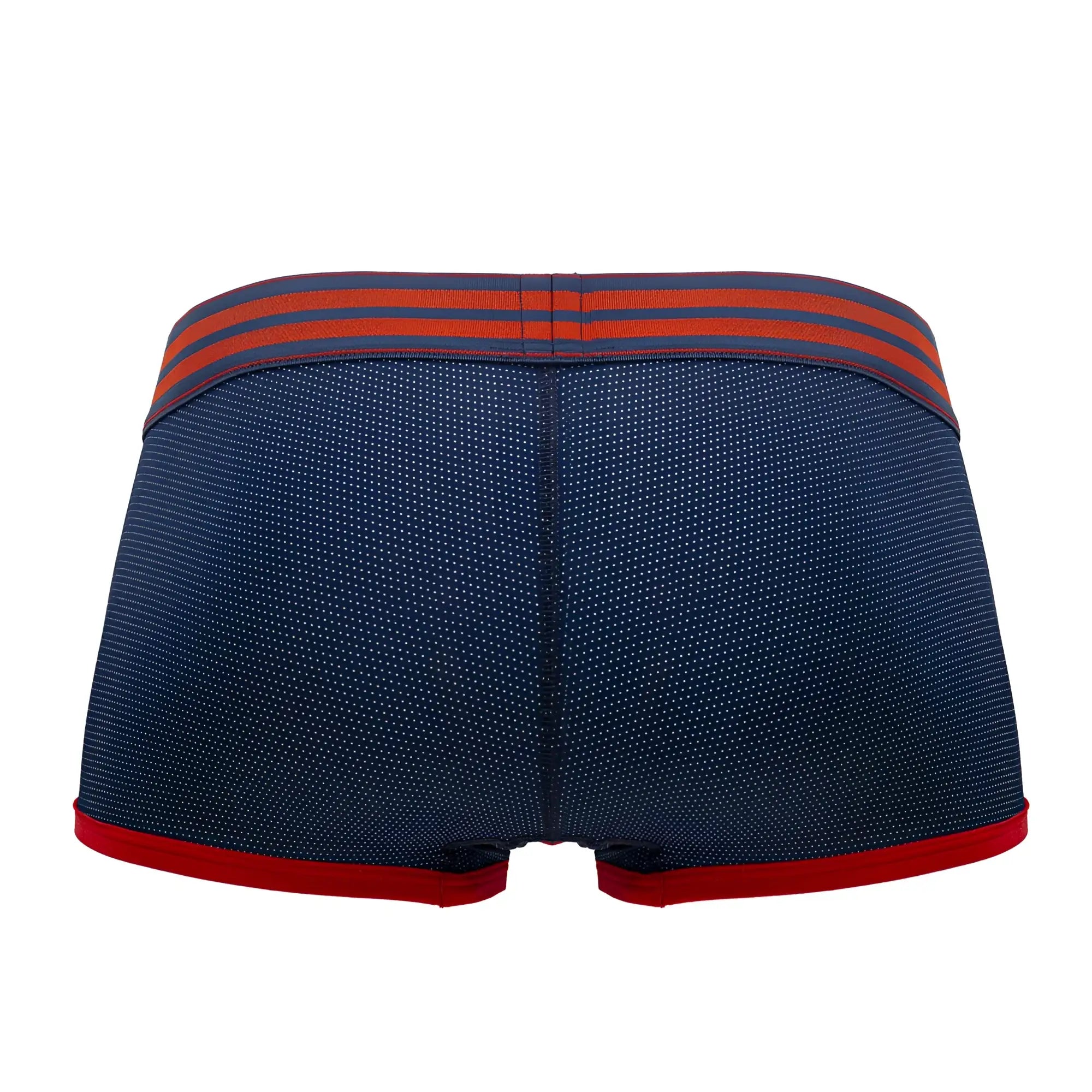 Navy blue jor 2056 college trunks briefs with red trim and subtle white dot pattern on fabric front view