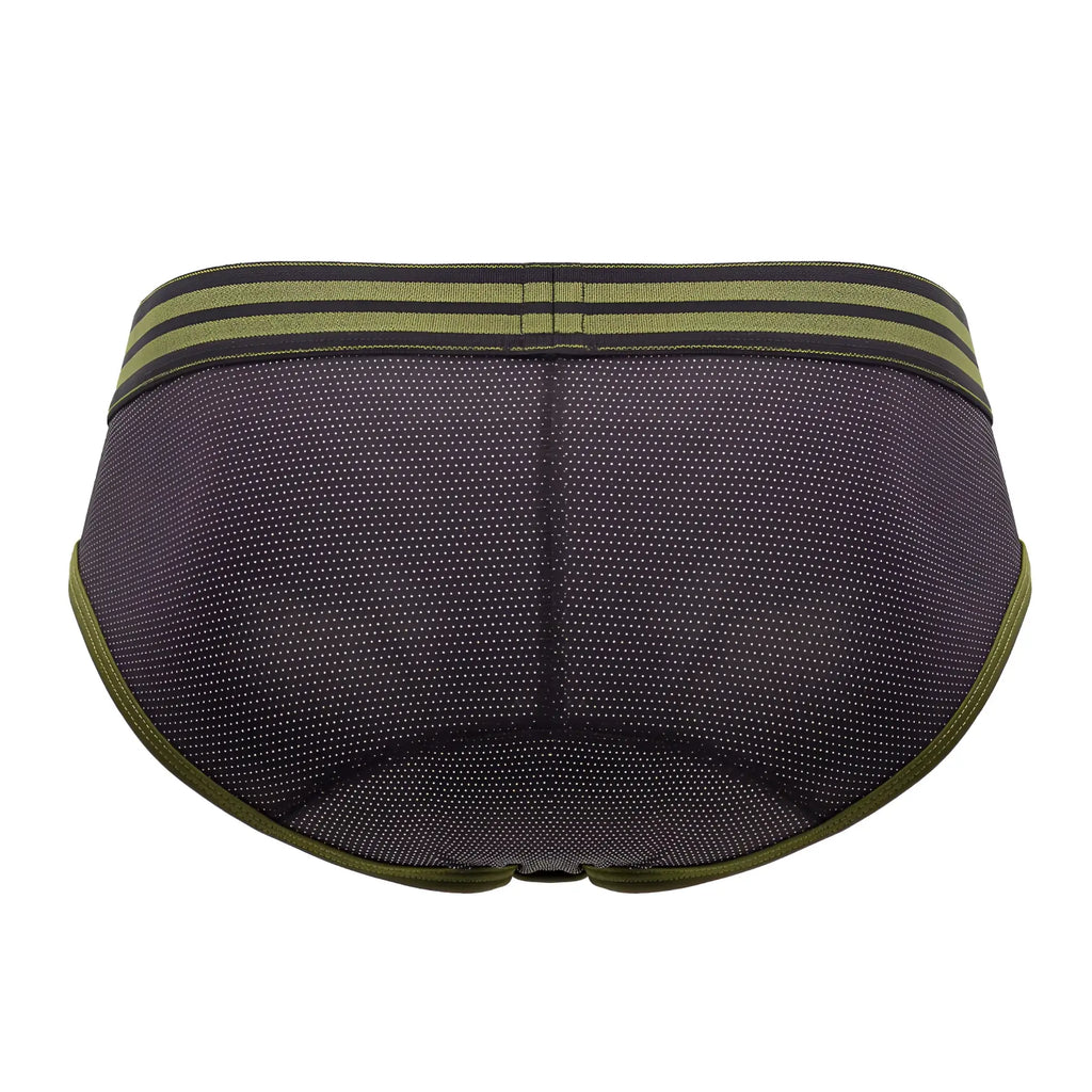Jor 2057 college briefs in dark gray mesh with olive green trim and two horizontal waistband stripes black color