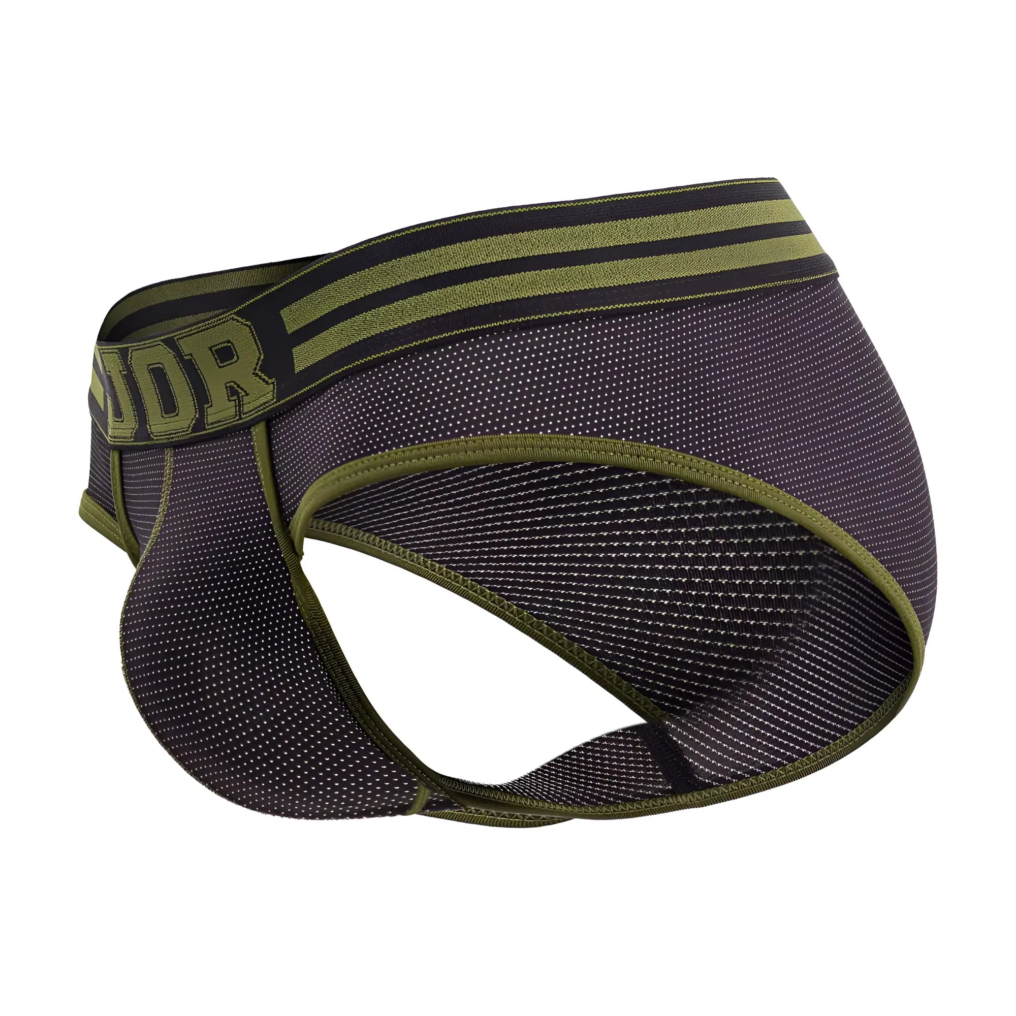 Dark olive and black mesh jor 2057 college briefs with bold green stripe waistband featuring dor logo