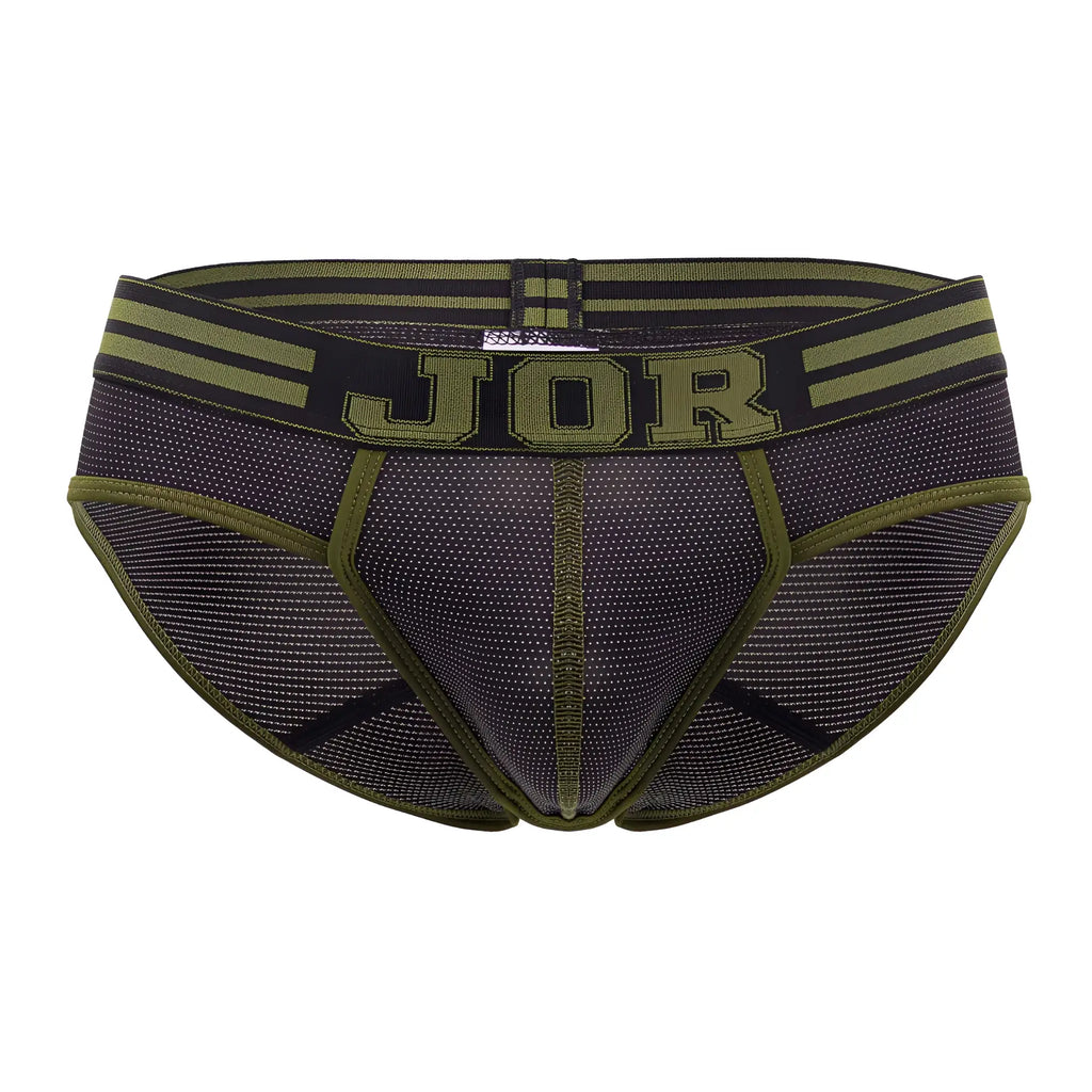 Jor 2057 college briefs in olive green and black mesh with bold jor logo on the waistband
