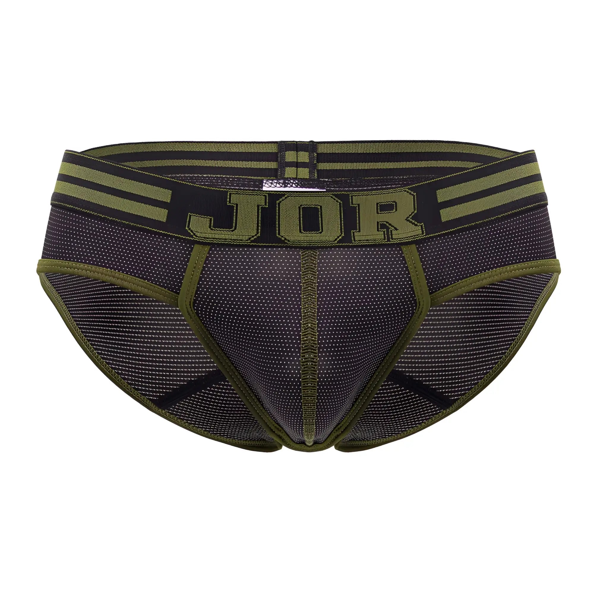 Jor 2057 college briefs in olive green and black mesh with bold jor logo on the waistband