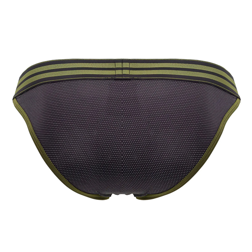 Black and olive green jor 2058 college bikini briefs with textured mesh fabric and striped waistband