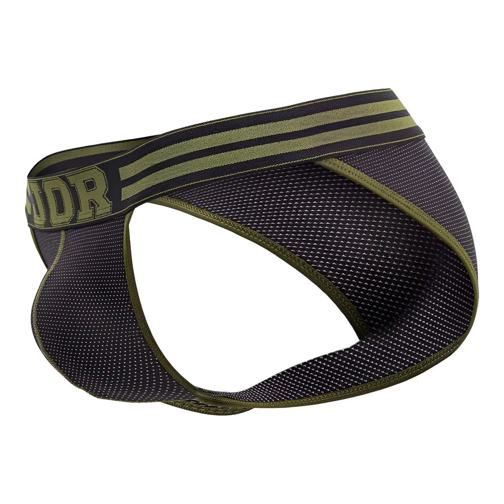 Black and olive green mesh briefs with a branded waistband jor 2058 college bikini front view