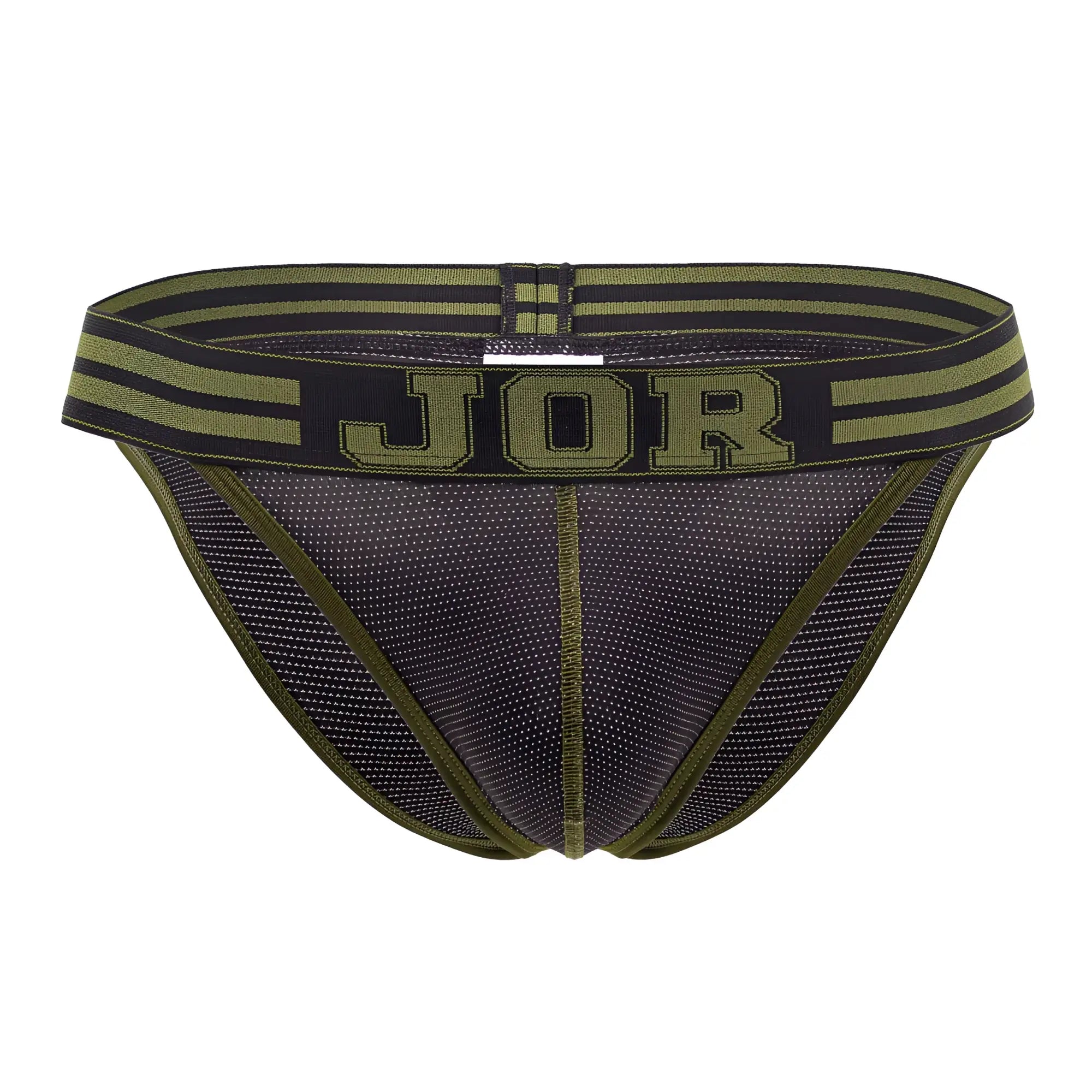 Jor 2058 college bikini briefs in olive green and black mesh with striped waistband featuring jor logo
