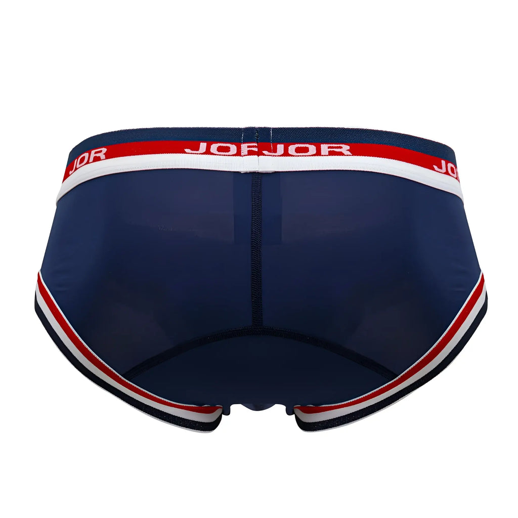Navy blue jor 2062 sailor briefs with red and white striped trim mesh fabric and joejor branded waistband