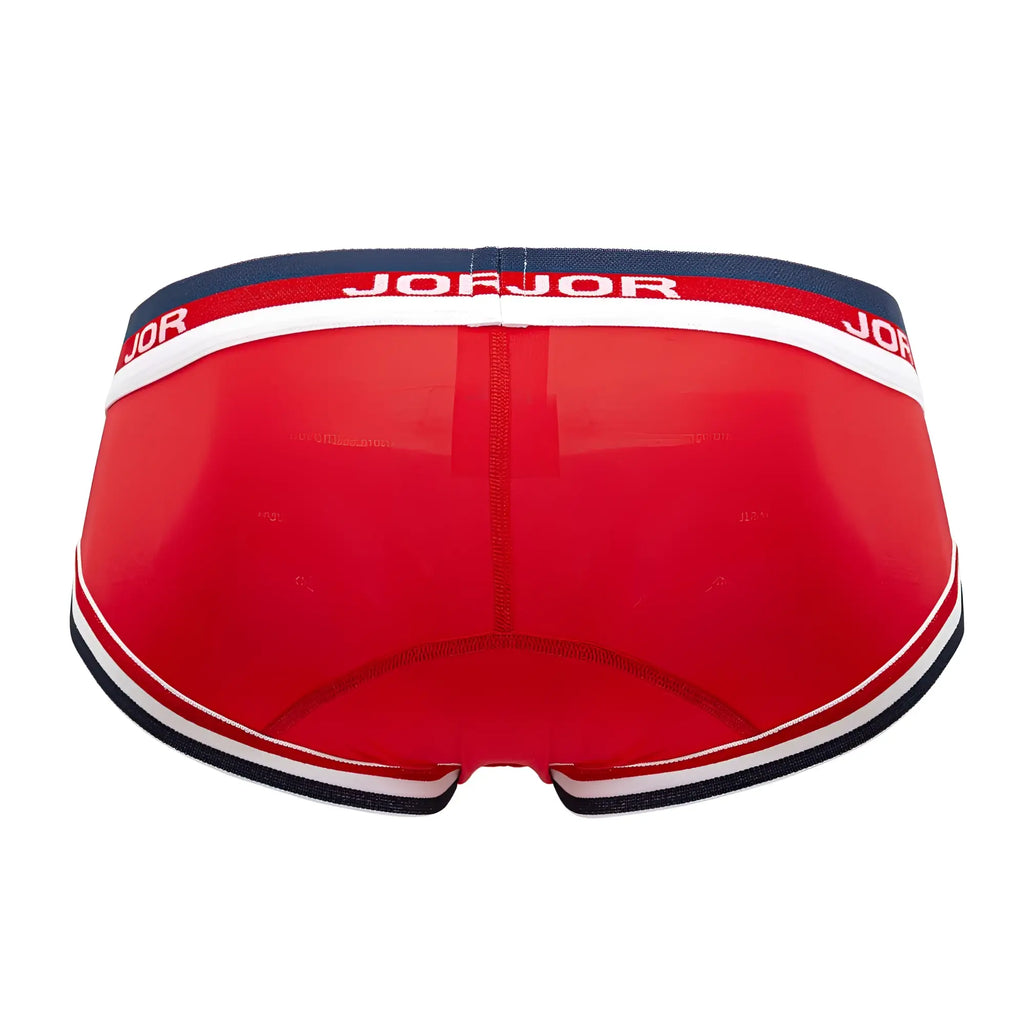 Red jorjor men briefs with navy and white trim lightweight cotton fabric comfortable for everyday wear
