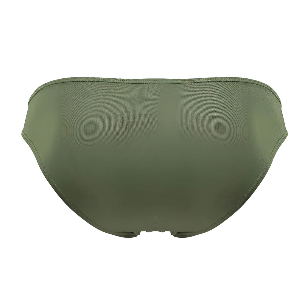 Olive green textured fabric bikini bottom jor 2072 titan bikini back side showing fit and material details