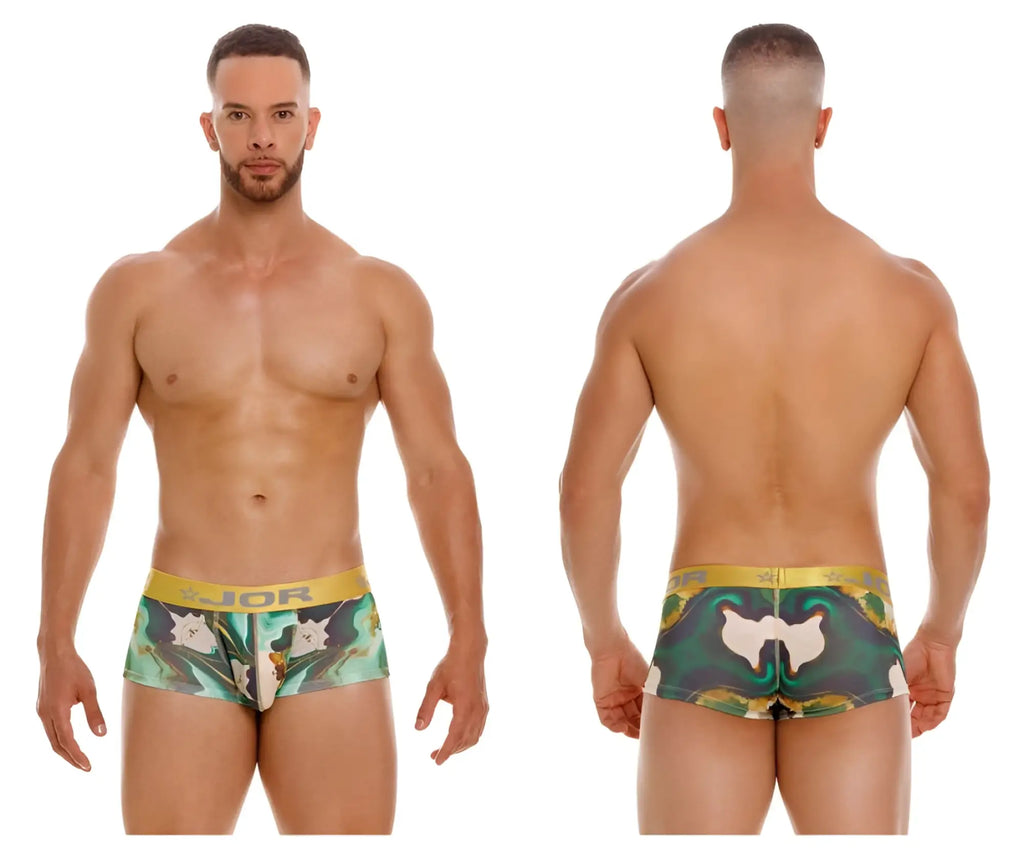 Green and white patterned jor 2080 dublin trunks boxer briefs with gold waistband featuring jor brand logo