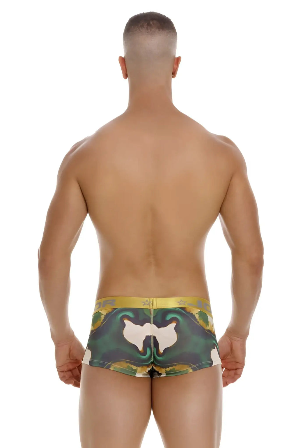 Back view of jor 2080 dublin trunks color printed briefs in green yellow camouflage with white abstract design