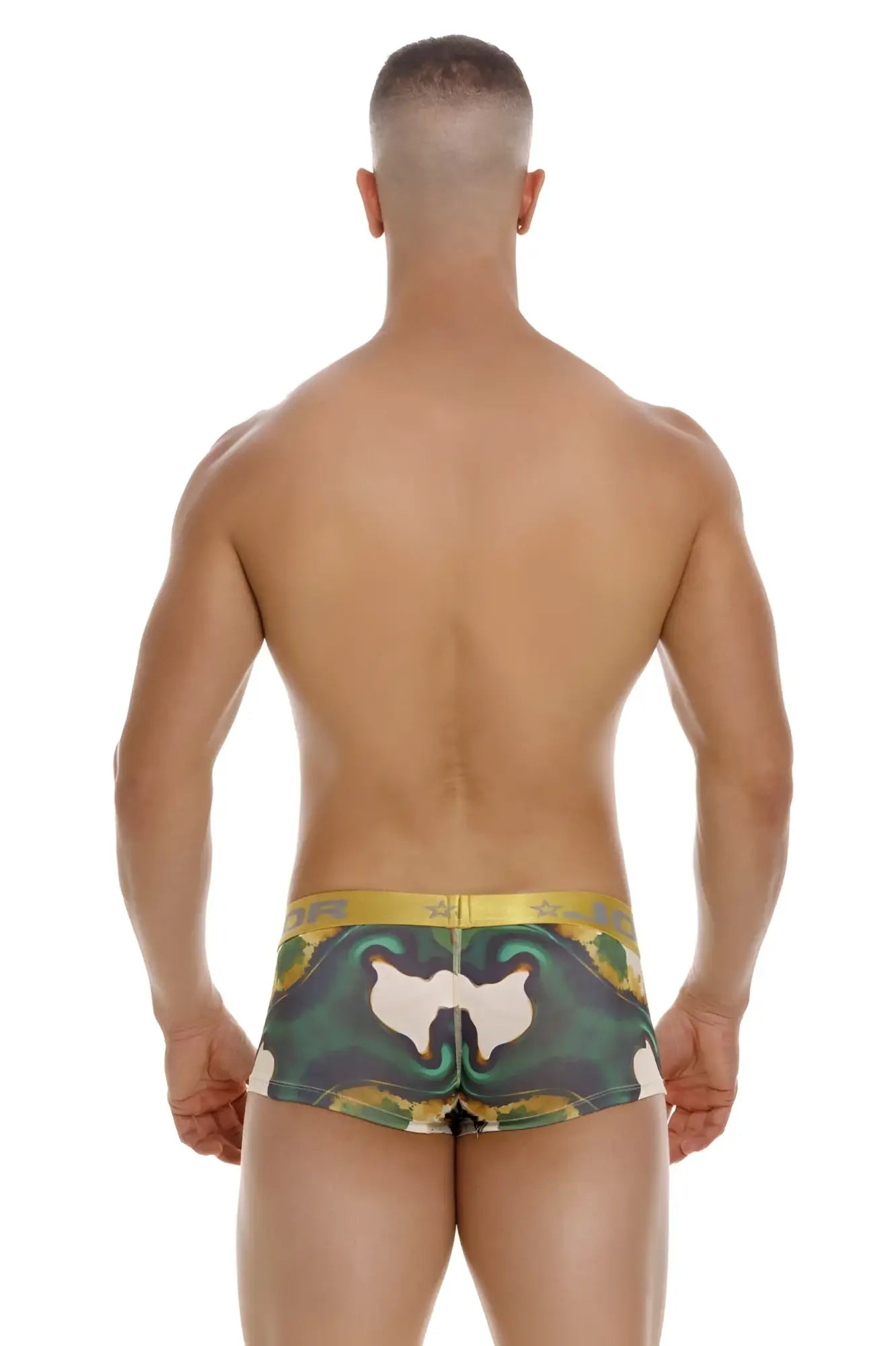 Back view of jor 2080 dublin trunks color printed briefs in green yellow camouflage with white abstract design