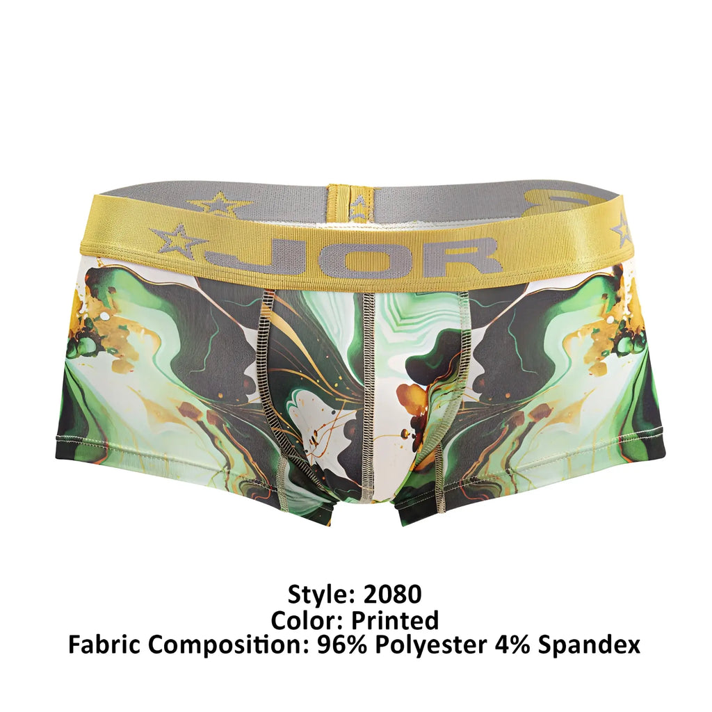 Printed men’s briefs jor 2080 dublin trunks with vibrant green black and gold marbled pattern and yellow branded waistband