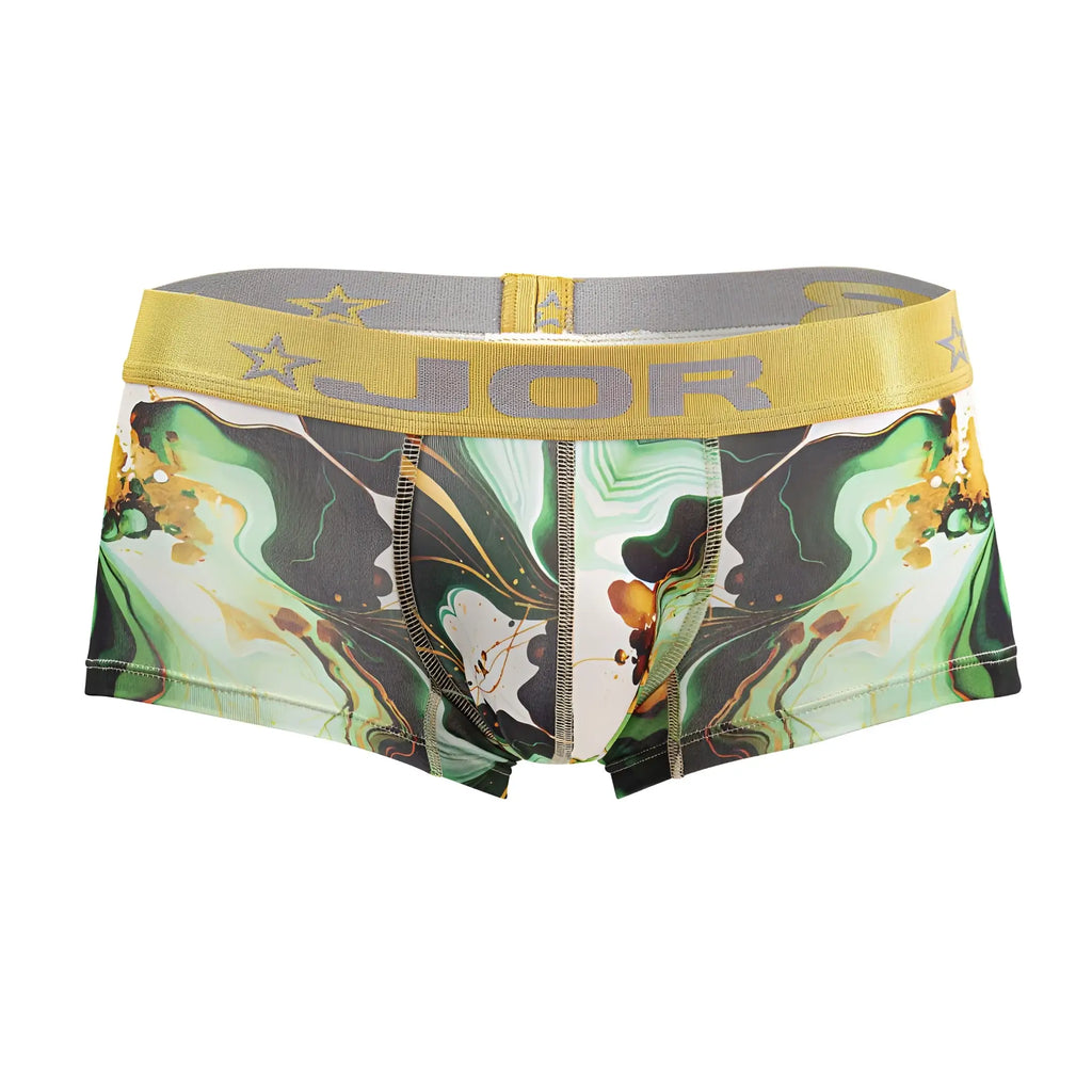 Vibrant green and black abstract marbled patterned jor 2080 dublin trunks with yellow elastic waistband for men