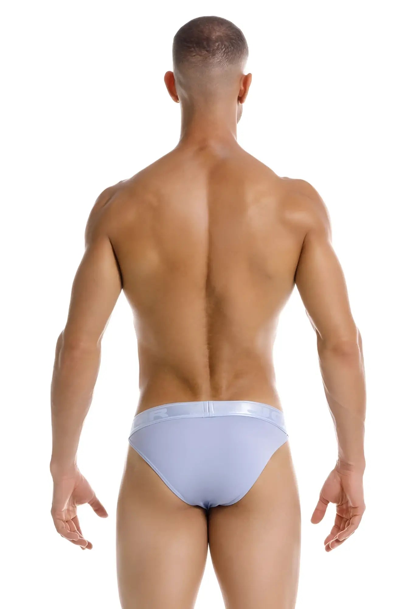 Jor 2142 element bikini light blue briefs with smooth texture and matching elastic waistband shown from the front