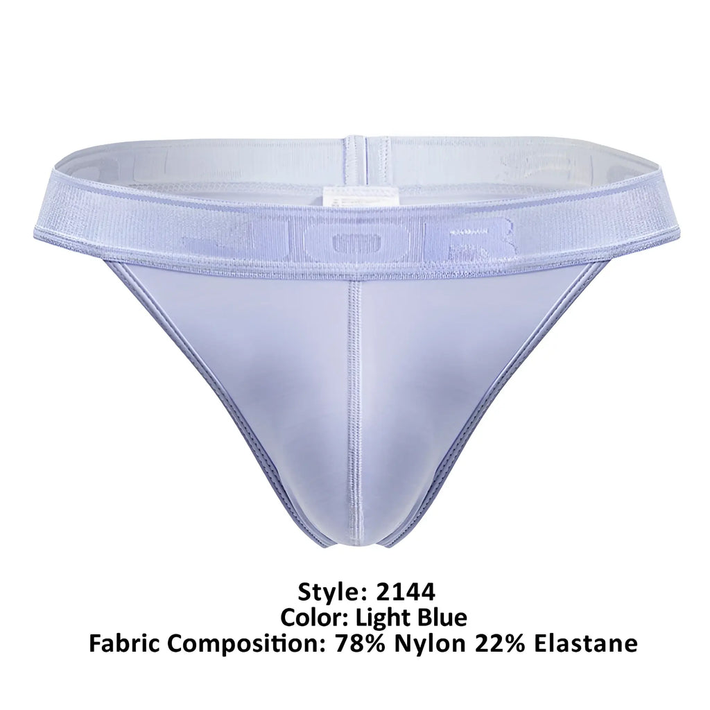 Light blue JOR 2144 Element thong made of 78% nylon 22% elastane with sheer fabric and textured waistband