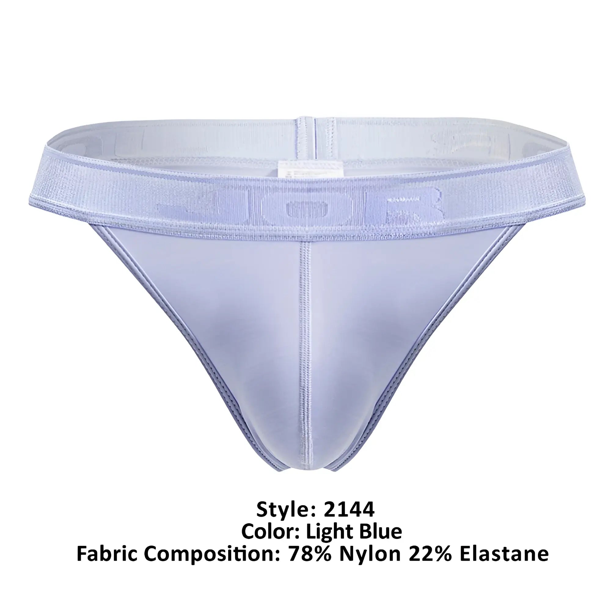 Light blue JOR 2144 Element thong made of 78% nylon 22% elastane with sheer fabric and textured waistband