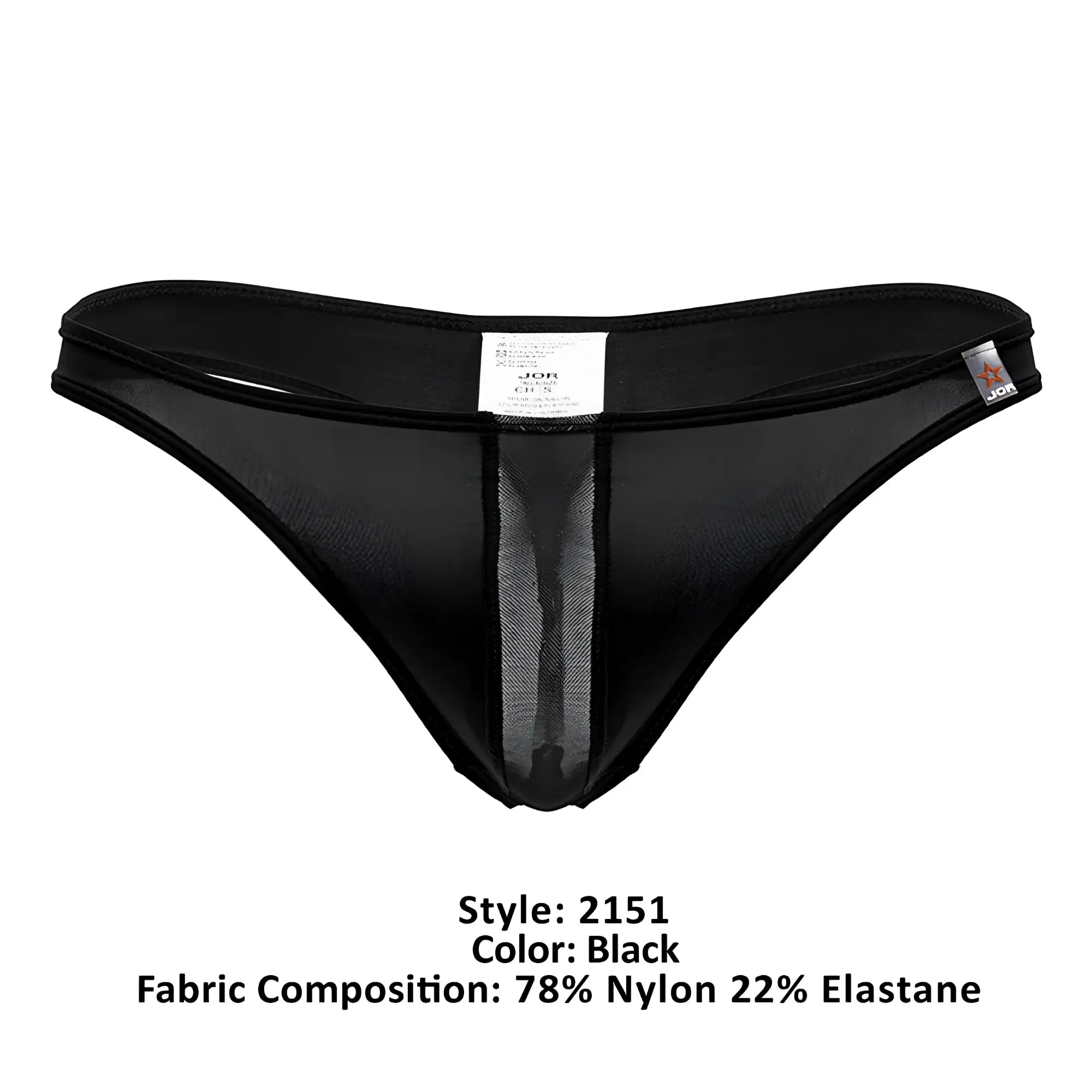 Black jor 2151 apolo thong with sheer mesh panel down center and elastic waistband for comfortable fit