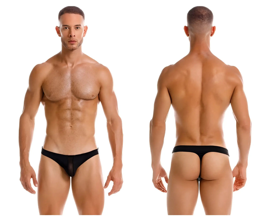 Black sheer mesh briefs with a solid black waistband from jor 2151 apolo thongs in black shown from the back side