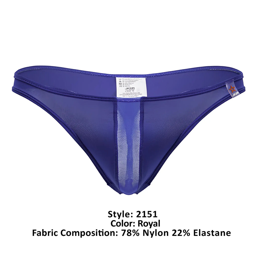 Royal blue sheer mesh thong jor 2151 apolo with solid central panel and elasticized waistband front view