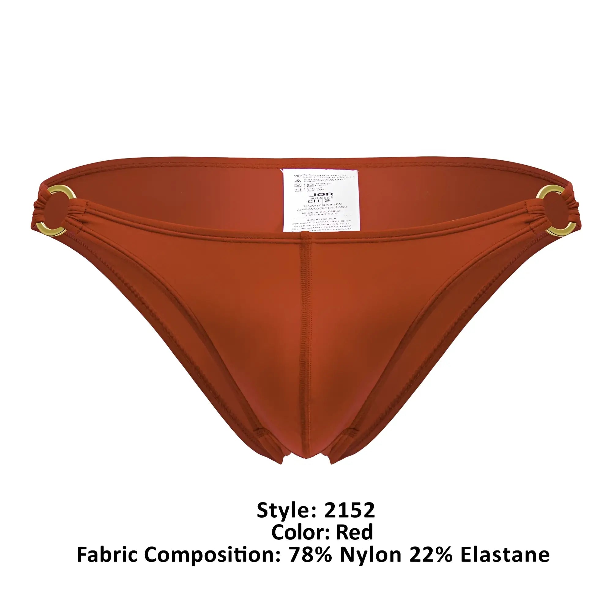 Red jor 2152 magnus bikini bottom with gold-tone metal rings at the sides in a vibrant red color