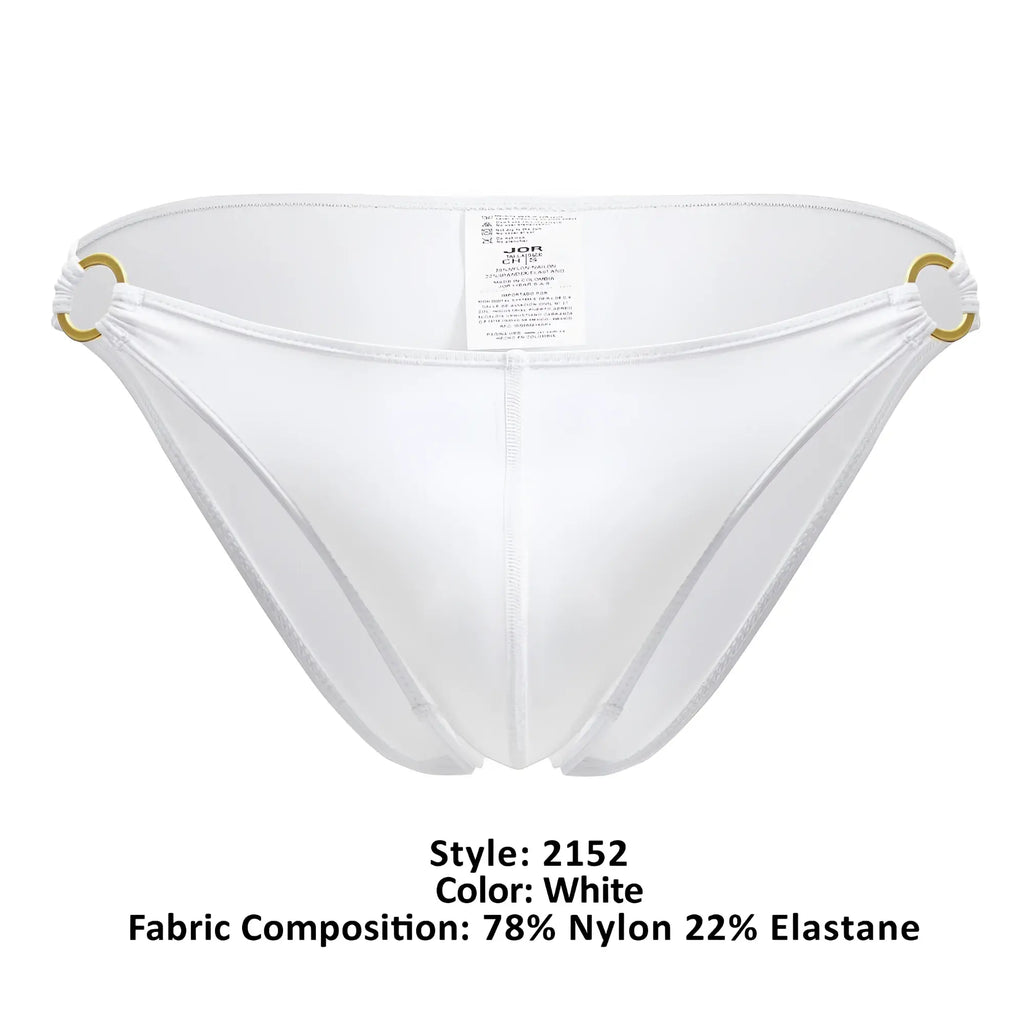 White nylon and elastane magnus bikini bottom with gold tone metal rings at the sides by JOR