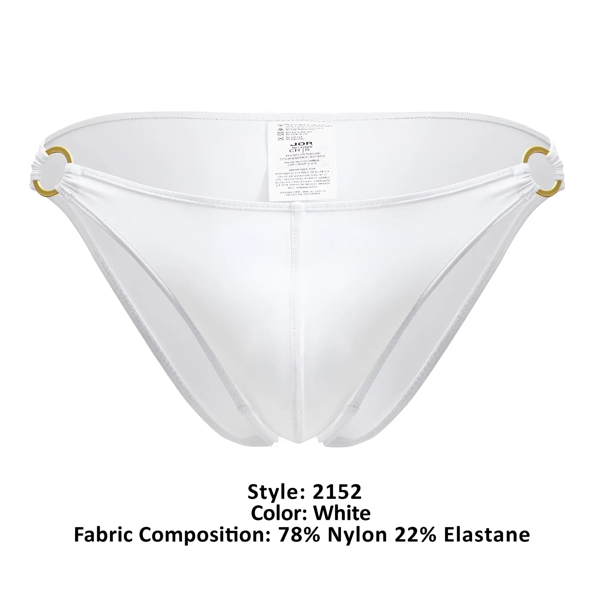 White nylon and elastane magnus bikini bottom with gold tone metal rings at the sides by JOR