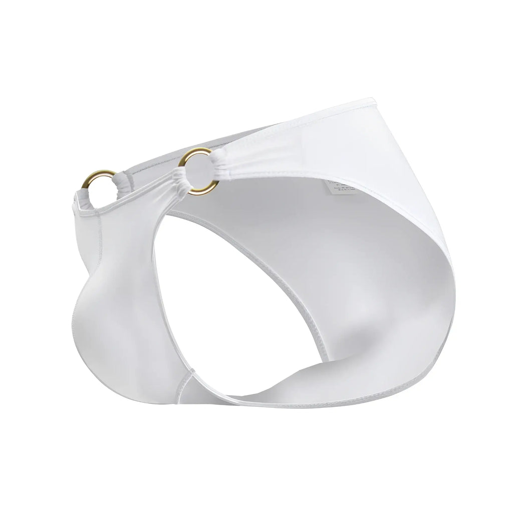 White satin jor 2152 magnus bikini briefs with gold toned metal rings at the sides