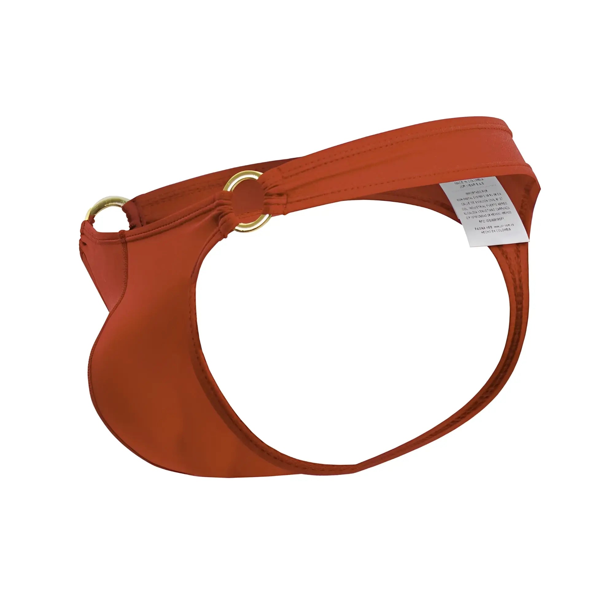 Red orange swim brief with gold metal rings and white care label jor 2153 magnus thongs back side view