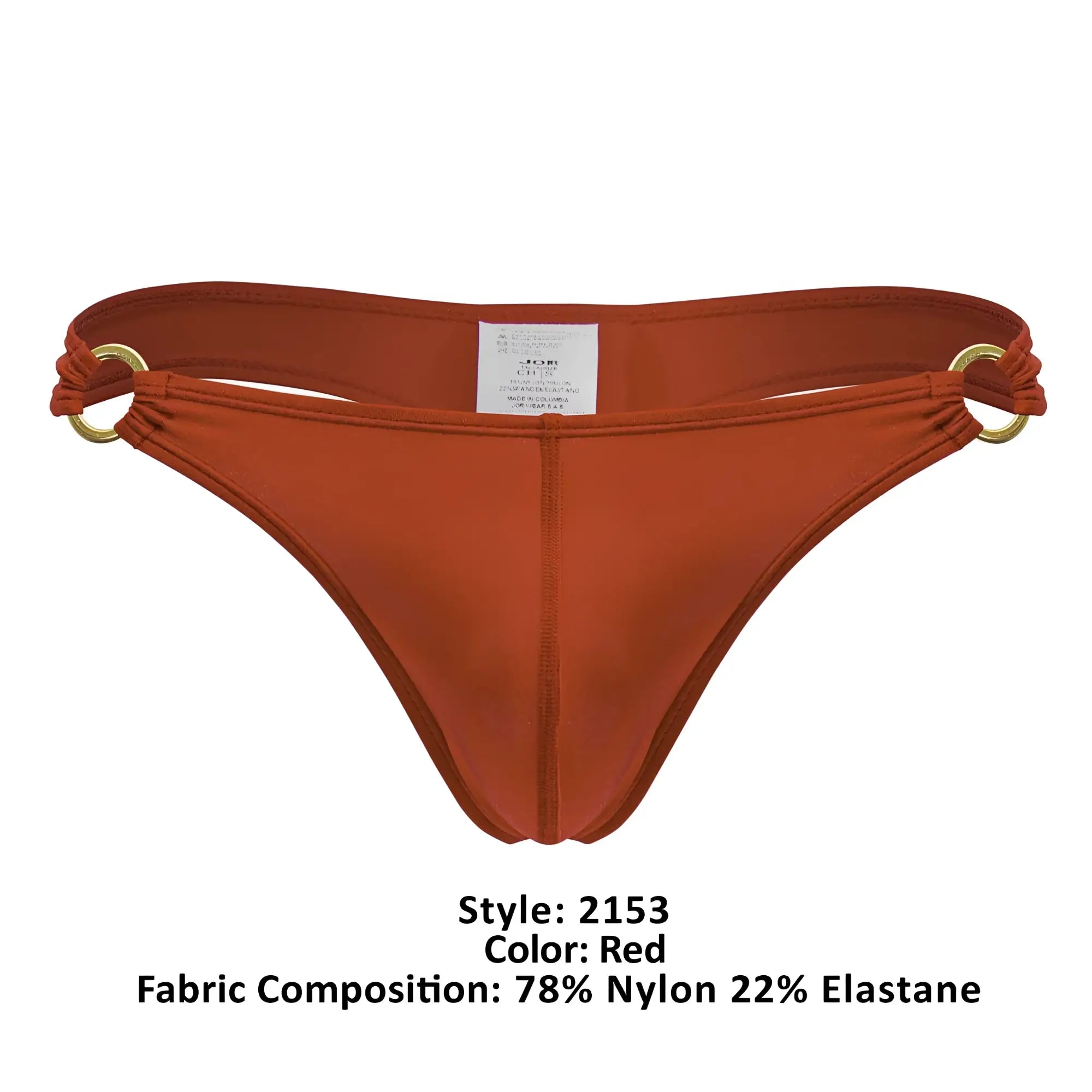 Red thong bikini bottom jor 2153 magnus with gold metal rings, stretchy 78 nylon 22 elastane red fabric