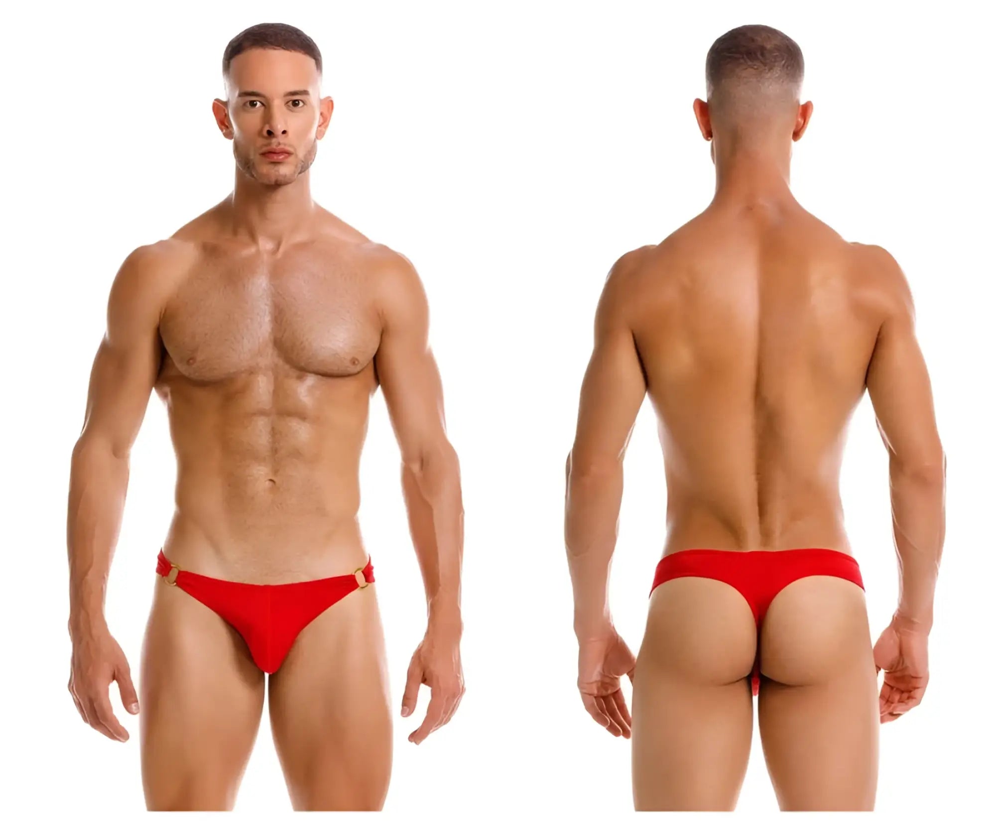 Red jor 2153 magnus thong briefs with gold-tone metal accents showing front view