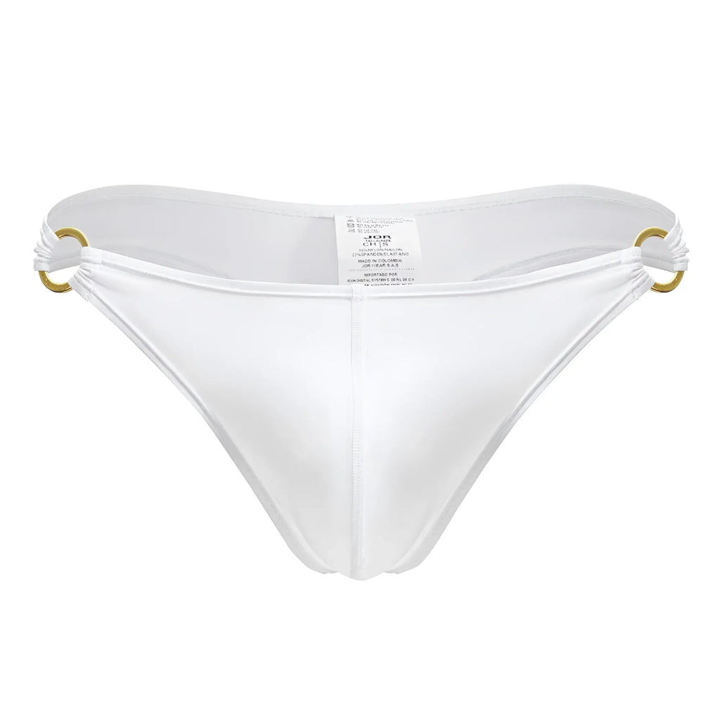 White mens thong JOR 2153 Magnus with gold-tone metal rings at sides in white fabric shown from the back side