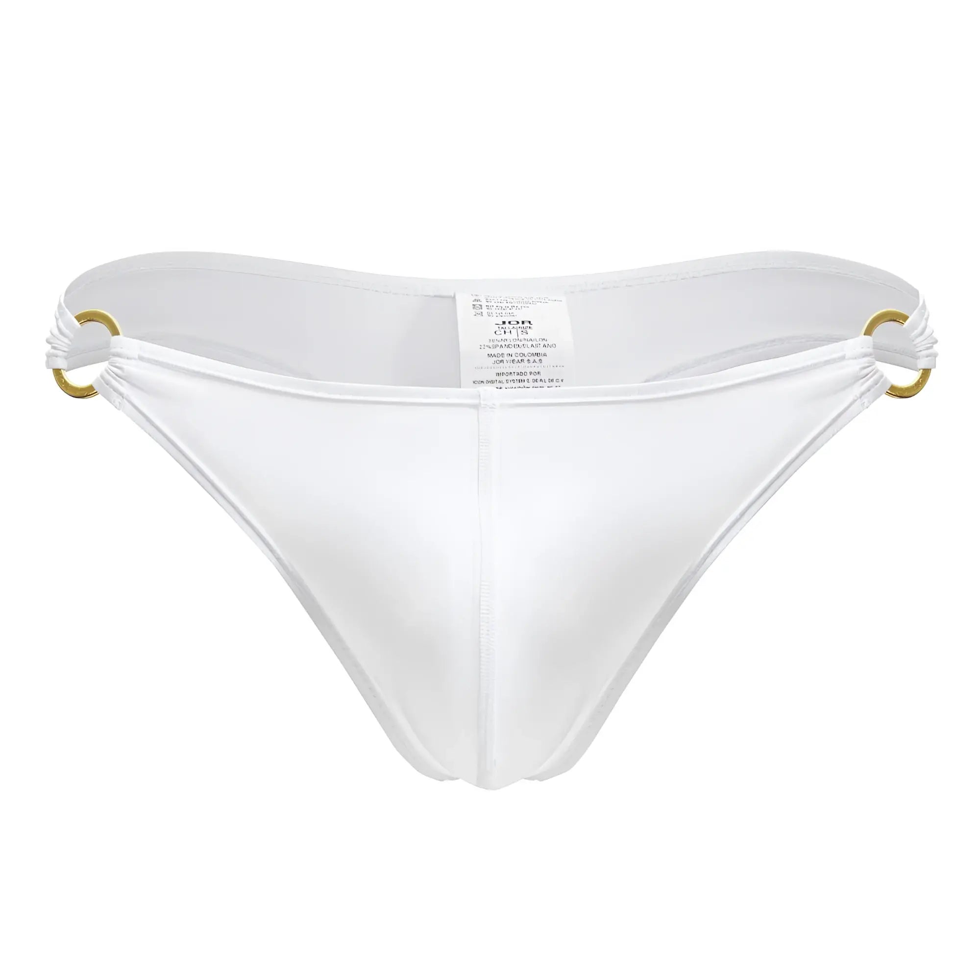 White mens thong JOR 2153 Magnus with gold-tone metal rings at sides in white fabric shown from the back side