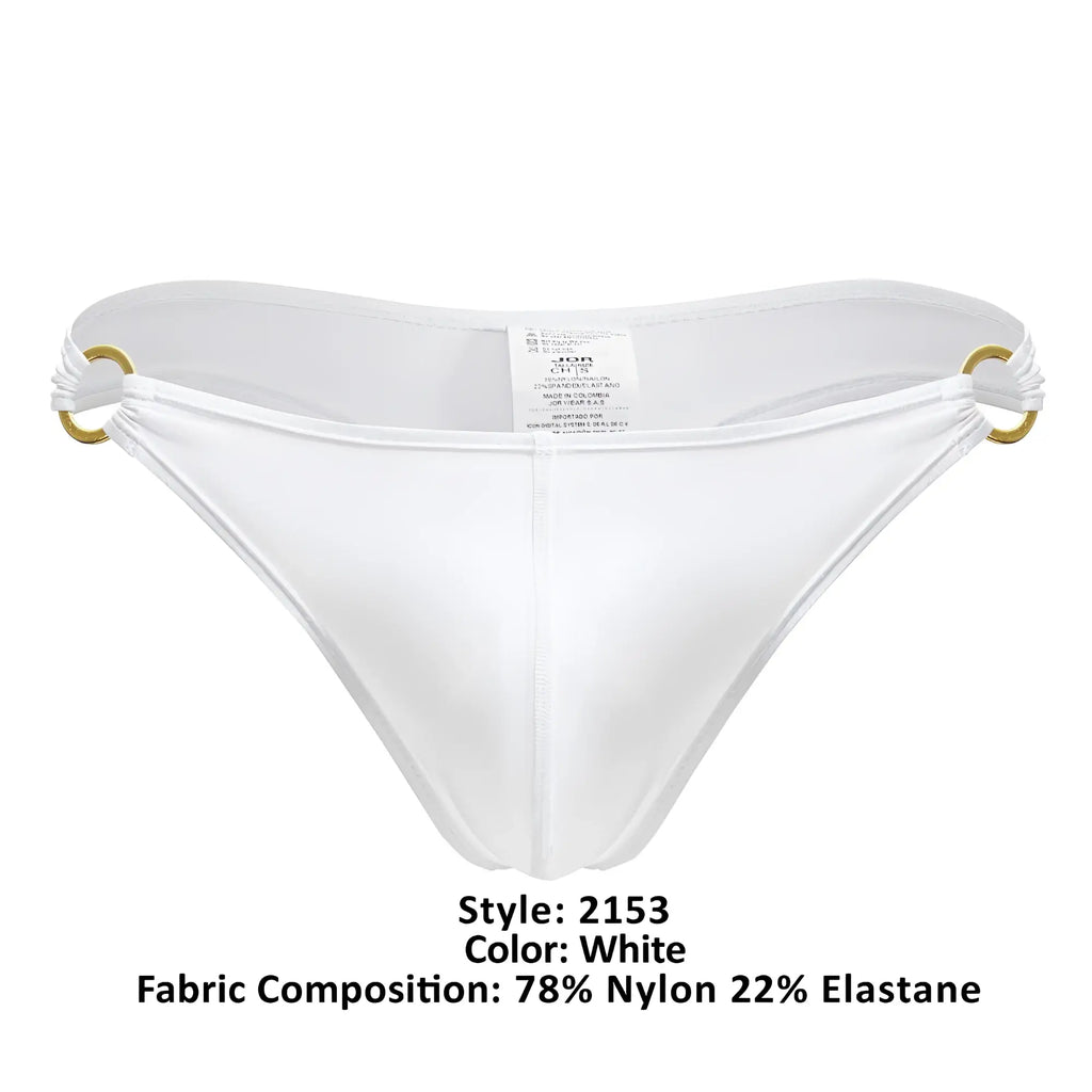 White jor 2153 magnus thong with gold metal rings at sides made of smooth nylon and elastane fabric