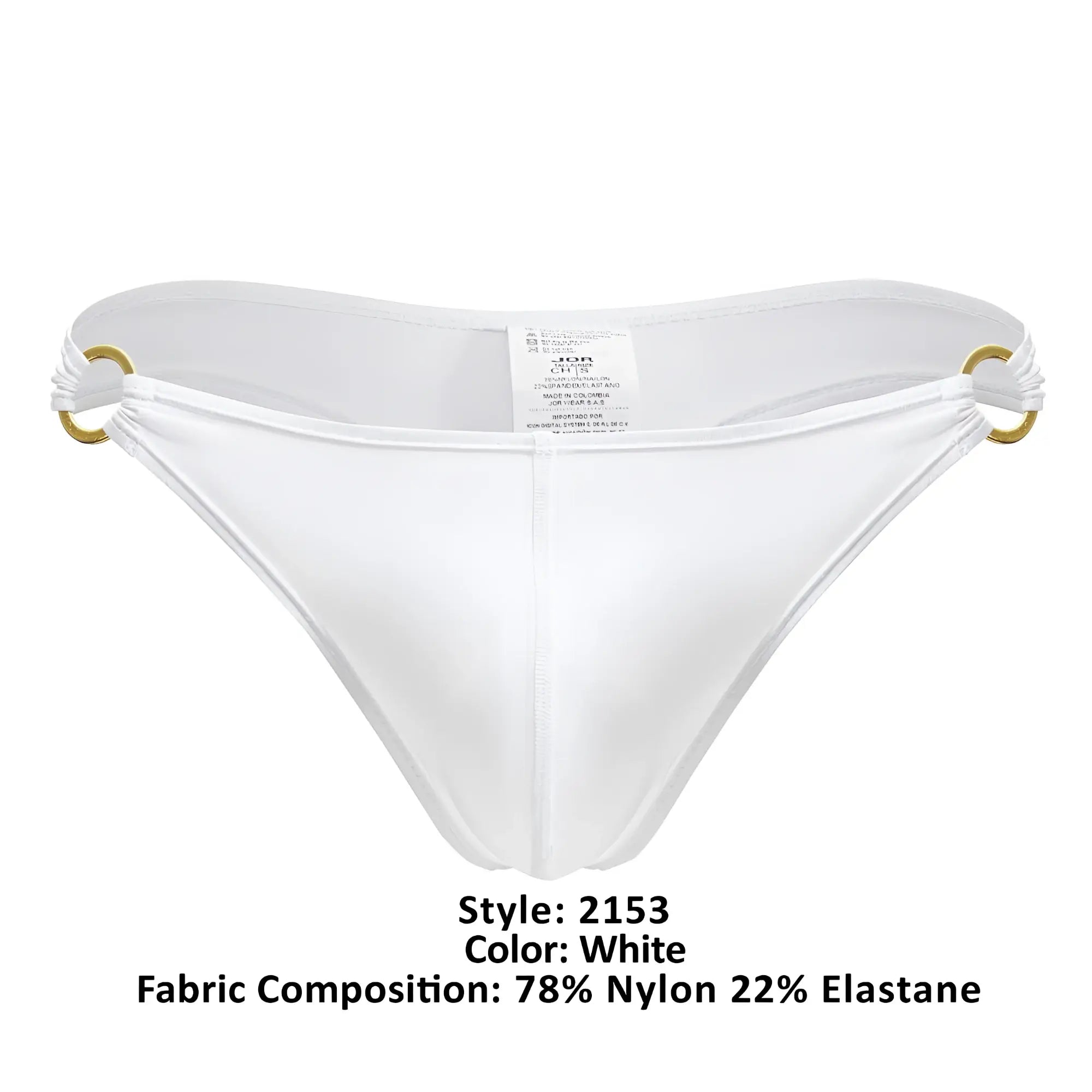 White jor 2153 magnus thong with gold metal rings at sides made of smooth nylon and elastane fabric