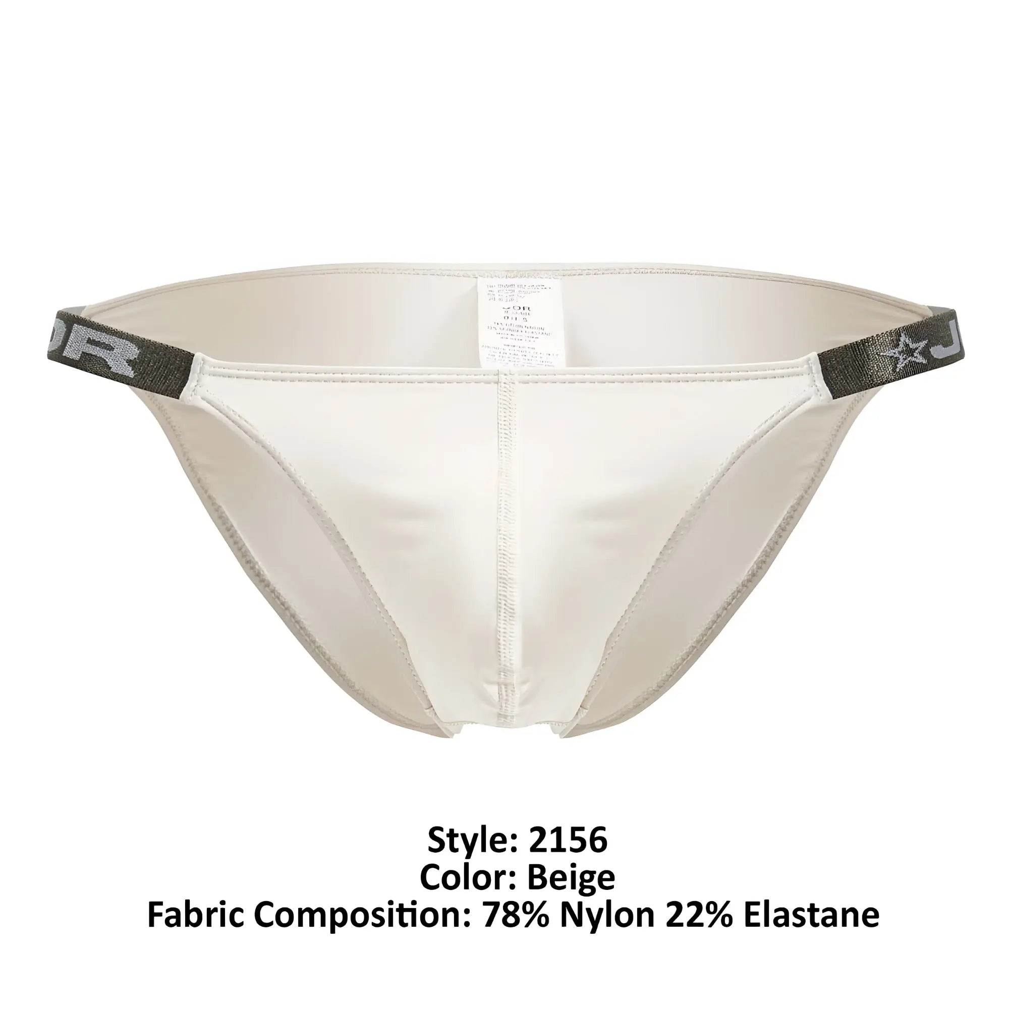 Beige JOR 2156 Eros bikini briefs with sleek satin finish and dark gray elastic waistband with subtle star logo