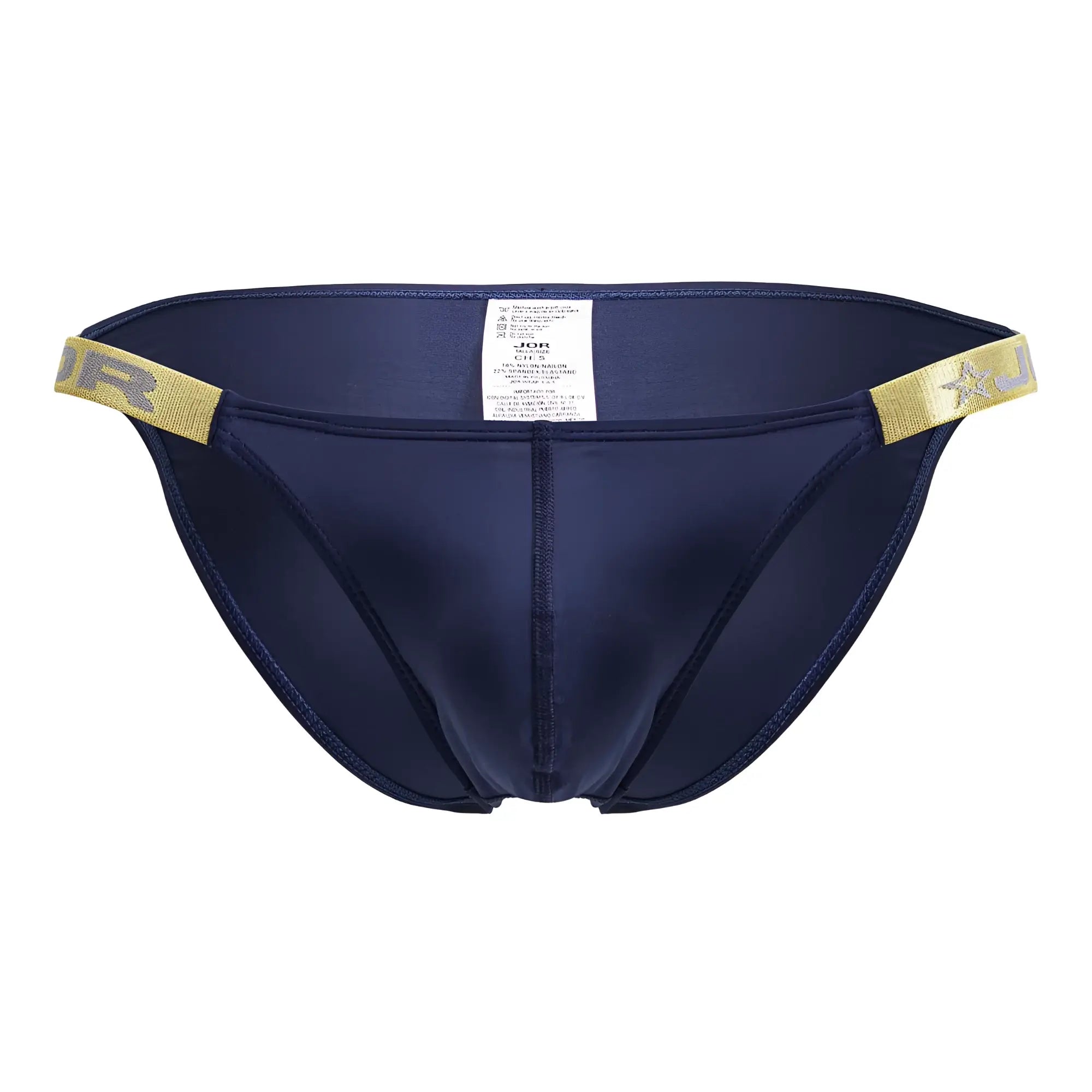 Navy blue satin briefs with gold elastic waistband and star logo in jor 2156 eros bikini color petrol