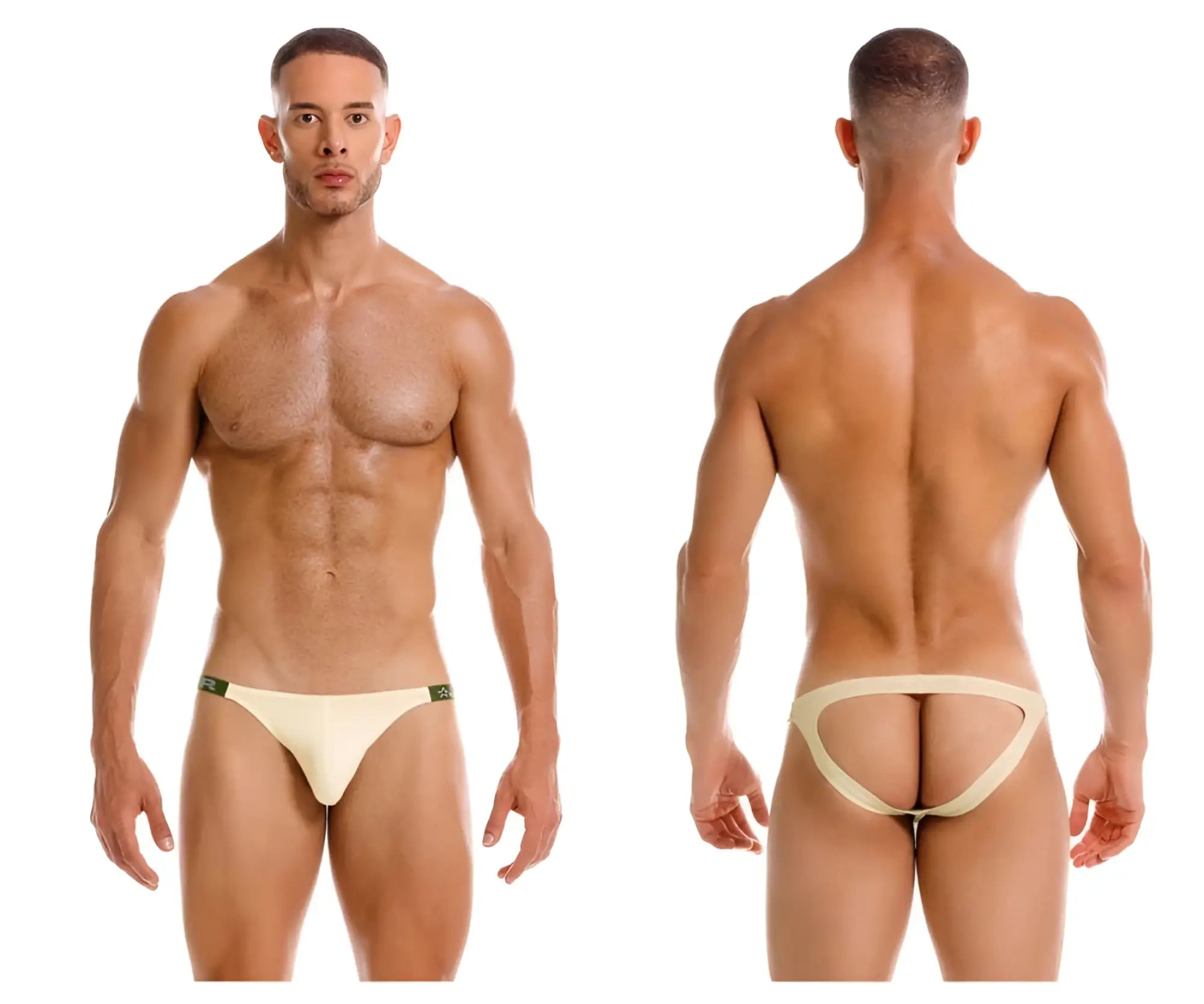 Cream-colored jor 2157 eros jockstrap with minimalist design and subtle green trim at the waistband