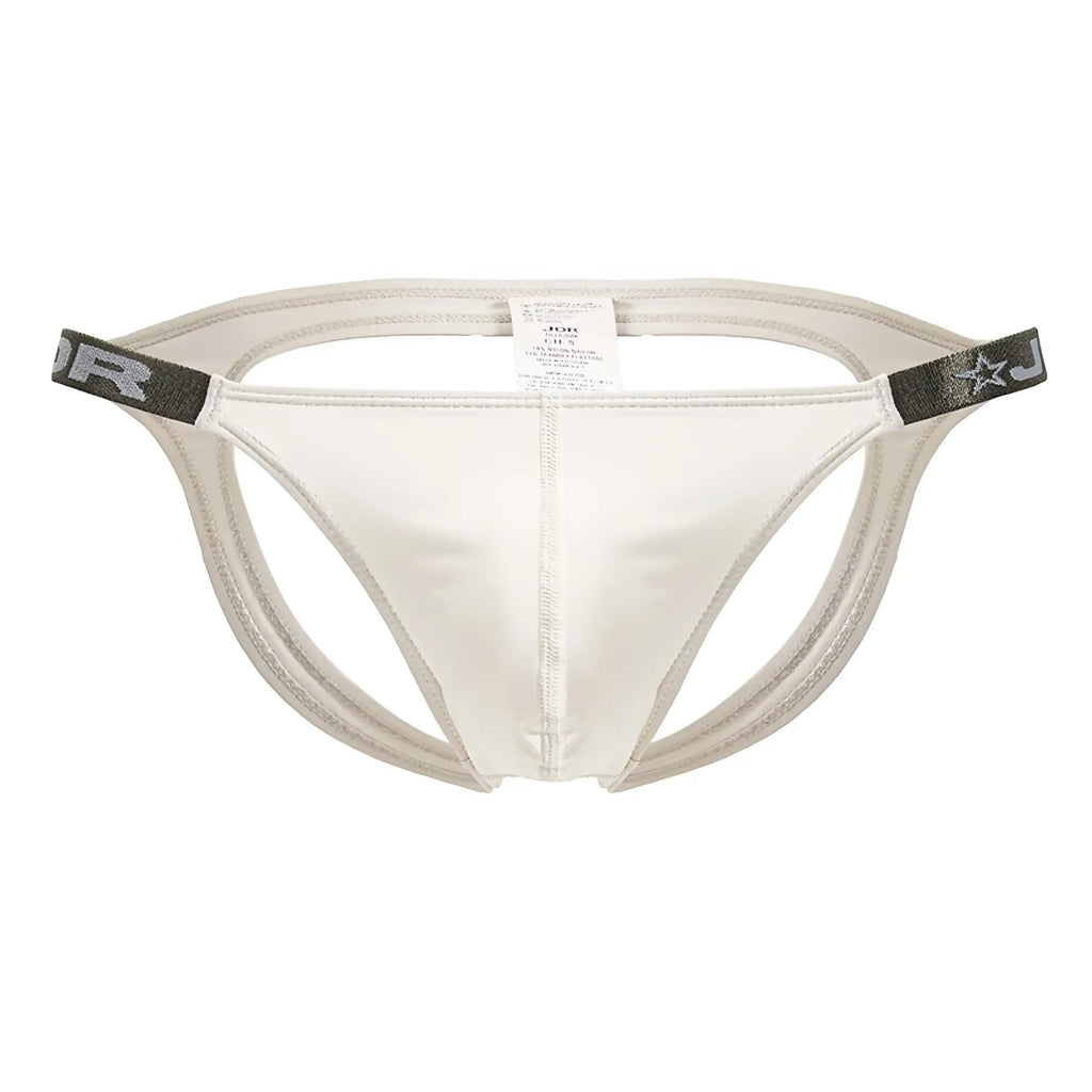 White jor 2157 eros jockstrap briefs with gray elastic waistband and star logo in beige color