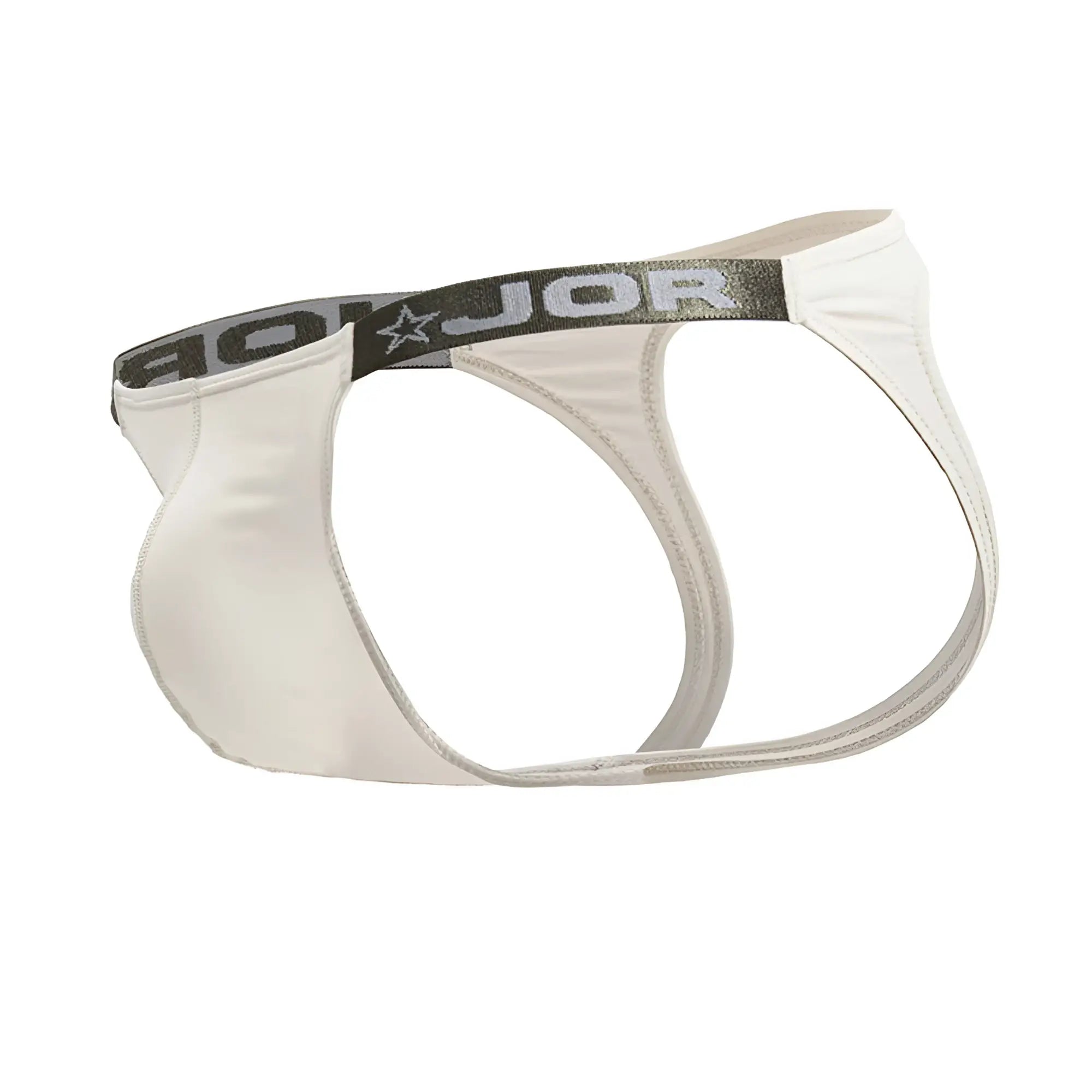 White jor 2157 eros beige briefs with black elastic waistband featuring jor brand name and star logo