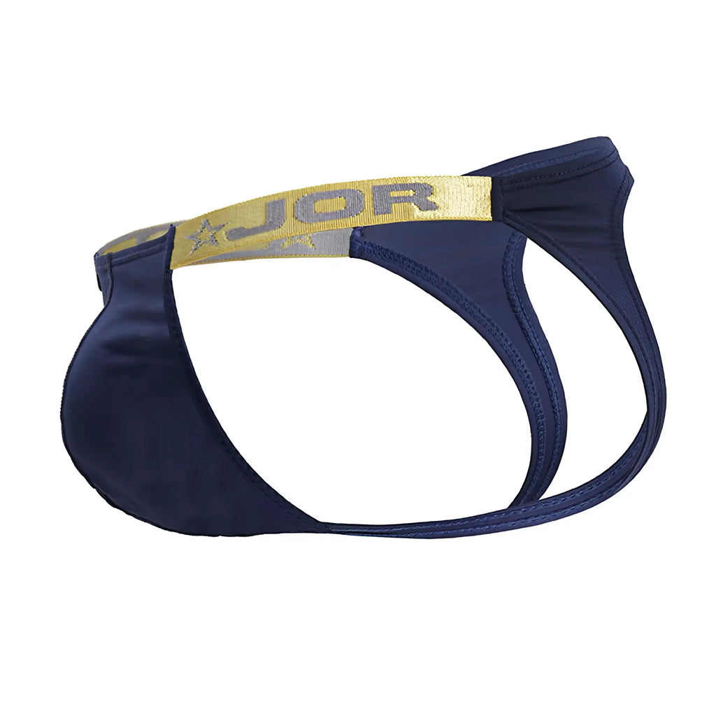 Navy blue JOR 2157 Eros jockstrap thong with gold and silver logo waistband in petrol color