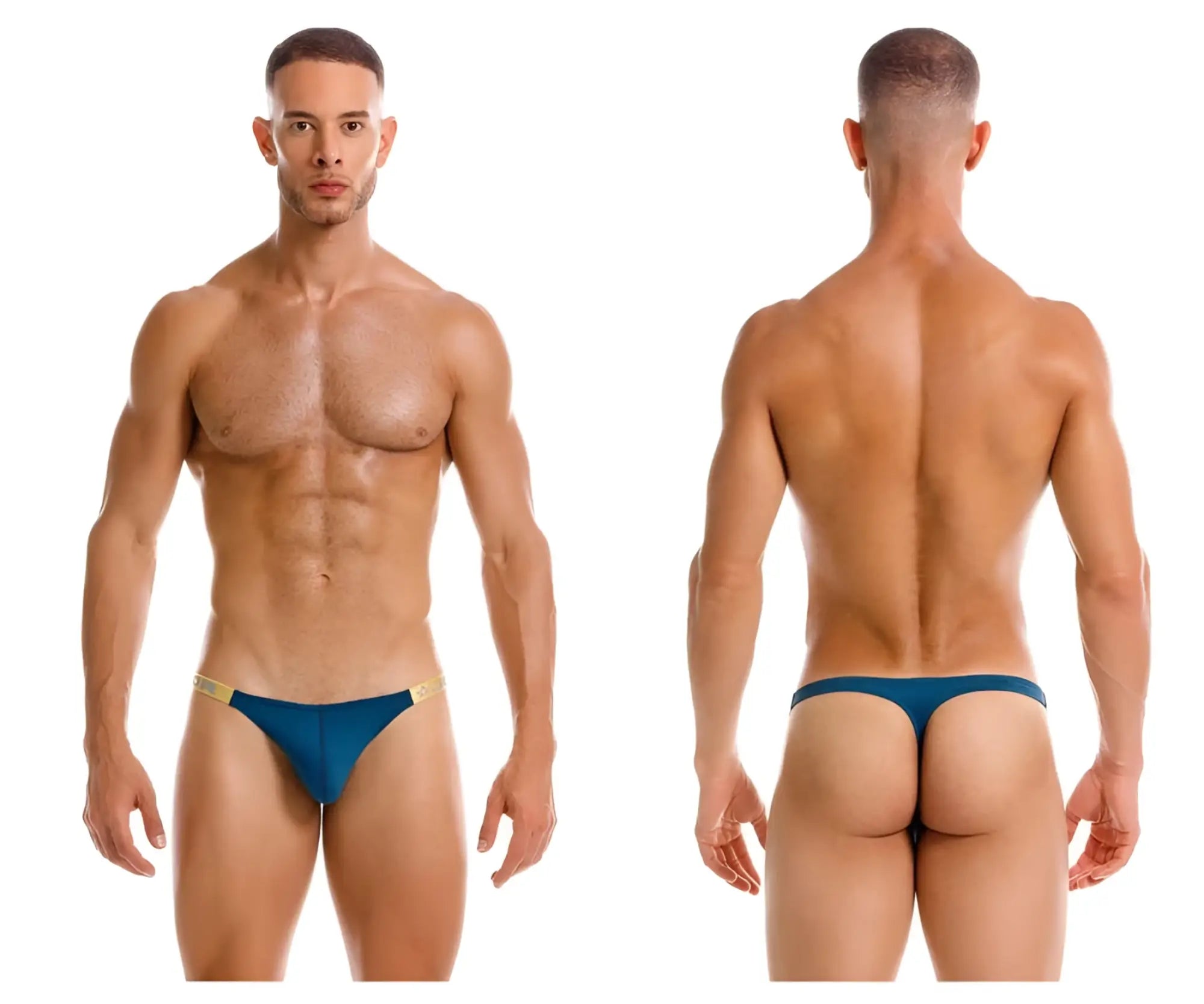 Blue thong with gold trim in petrol color from JOR 2158 Eros thongs collection, showing front view