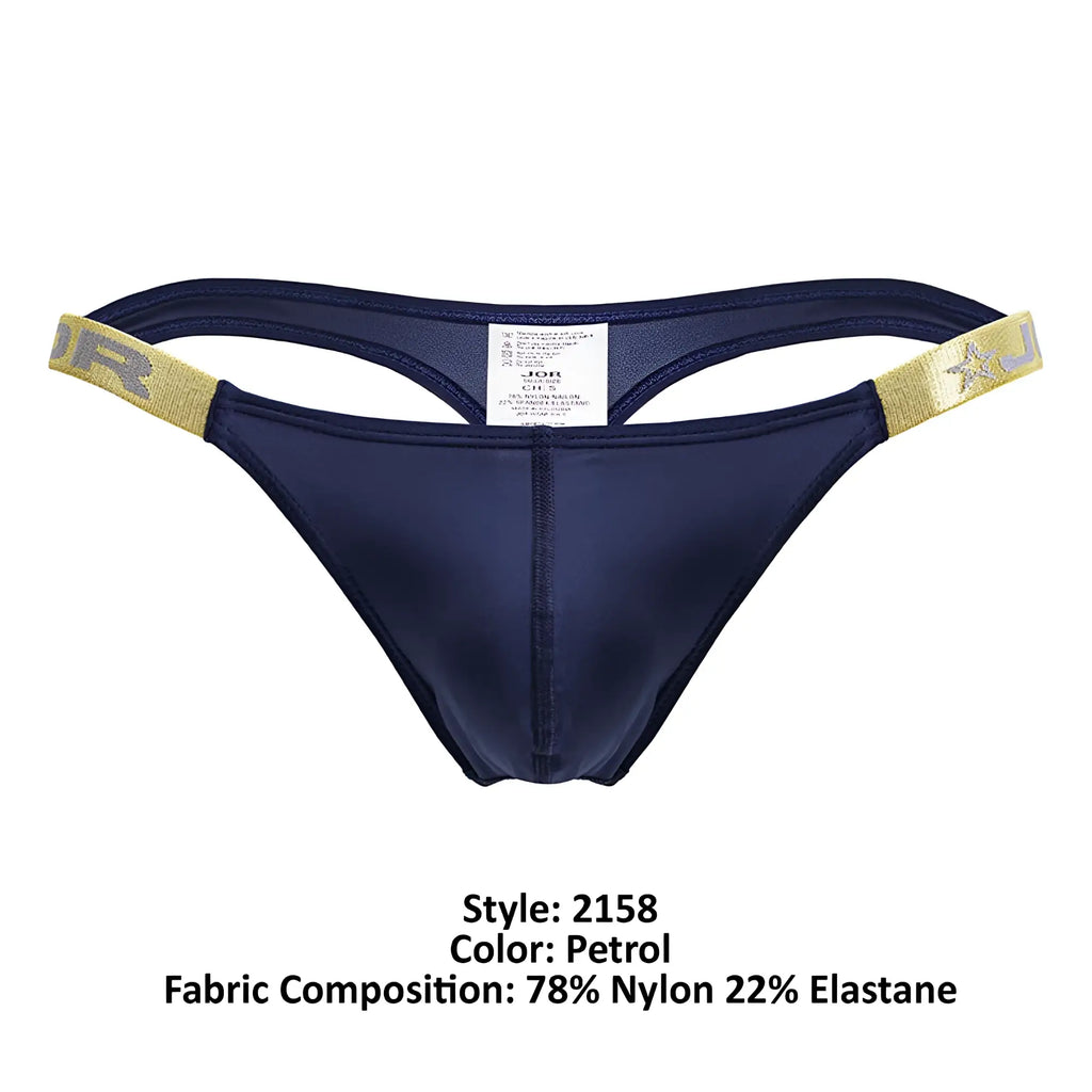 Navy blue Jon Brand thong with gold-trimmed waistband and star logo from JOR 2158 Eros thongs color petrol