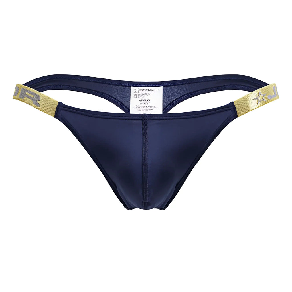 Navy blue satin JOR 2158 Eros thong with gold elastic waistband featuring star and jr logo in petrol color
