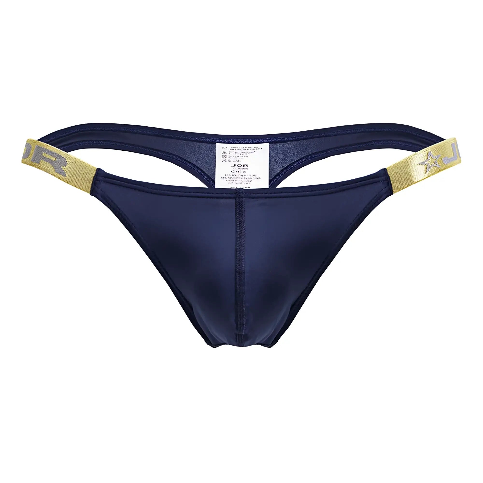 Navy blue satin JOR 2158 Eros thong with gold elastic waistband featuring star and jr logo in petrol color