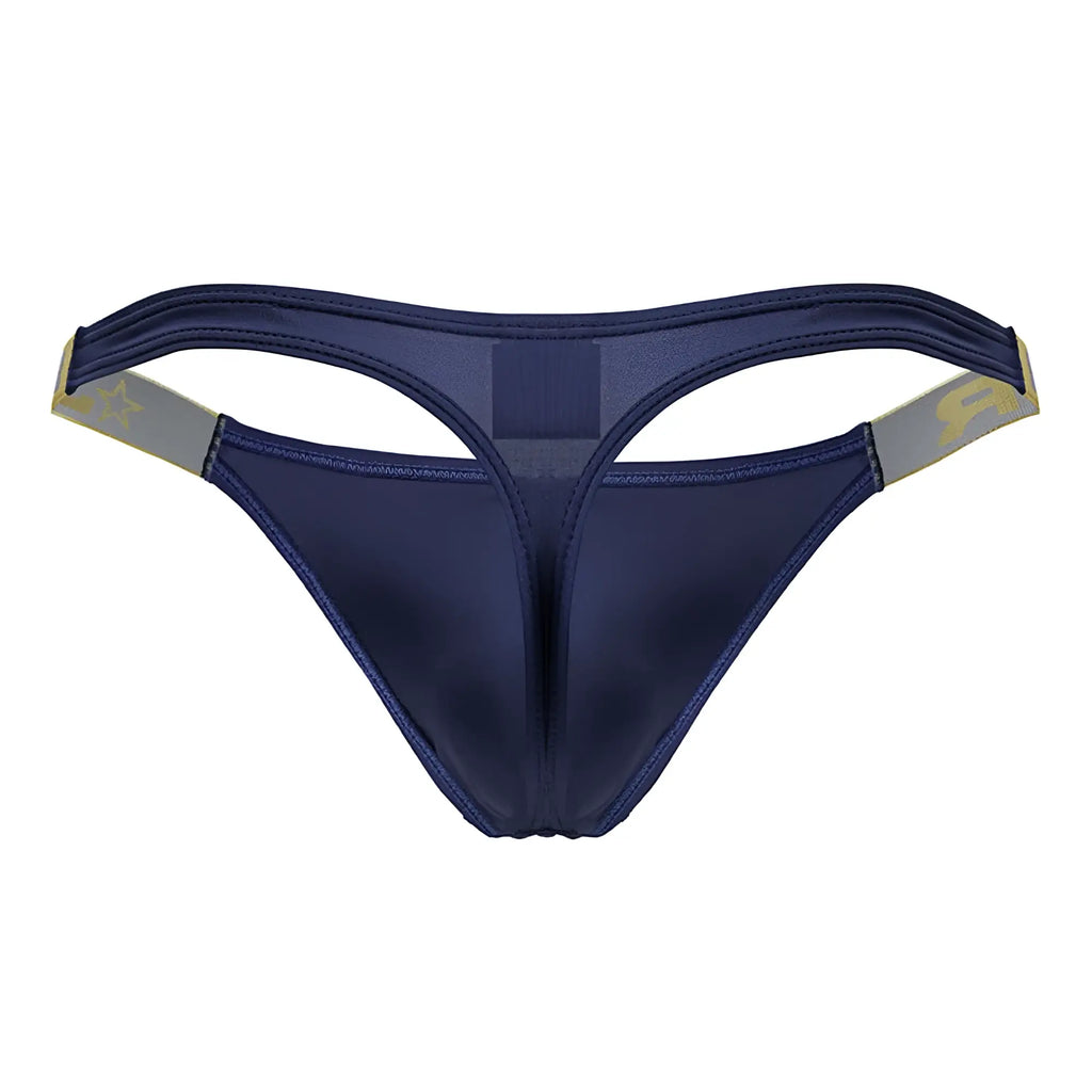 Navy blue satin thong with gold and gray trim on the waistband from jor 2158 eros thongs color petrol collection