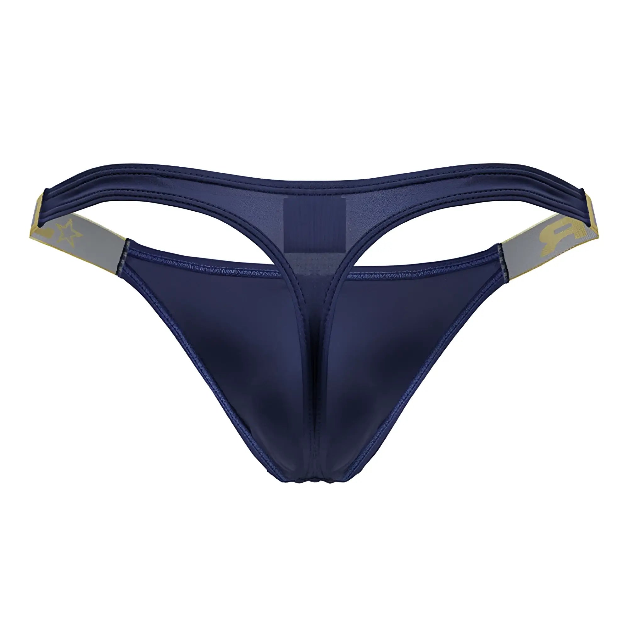 Navy blue satin thong with gold and gray trim on the waistband from jor 2158 eros thongs color petrol collection