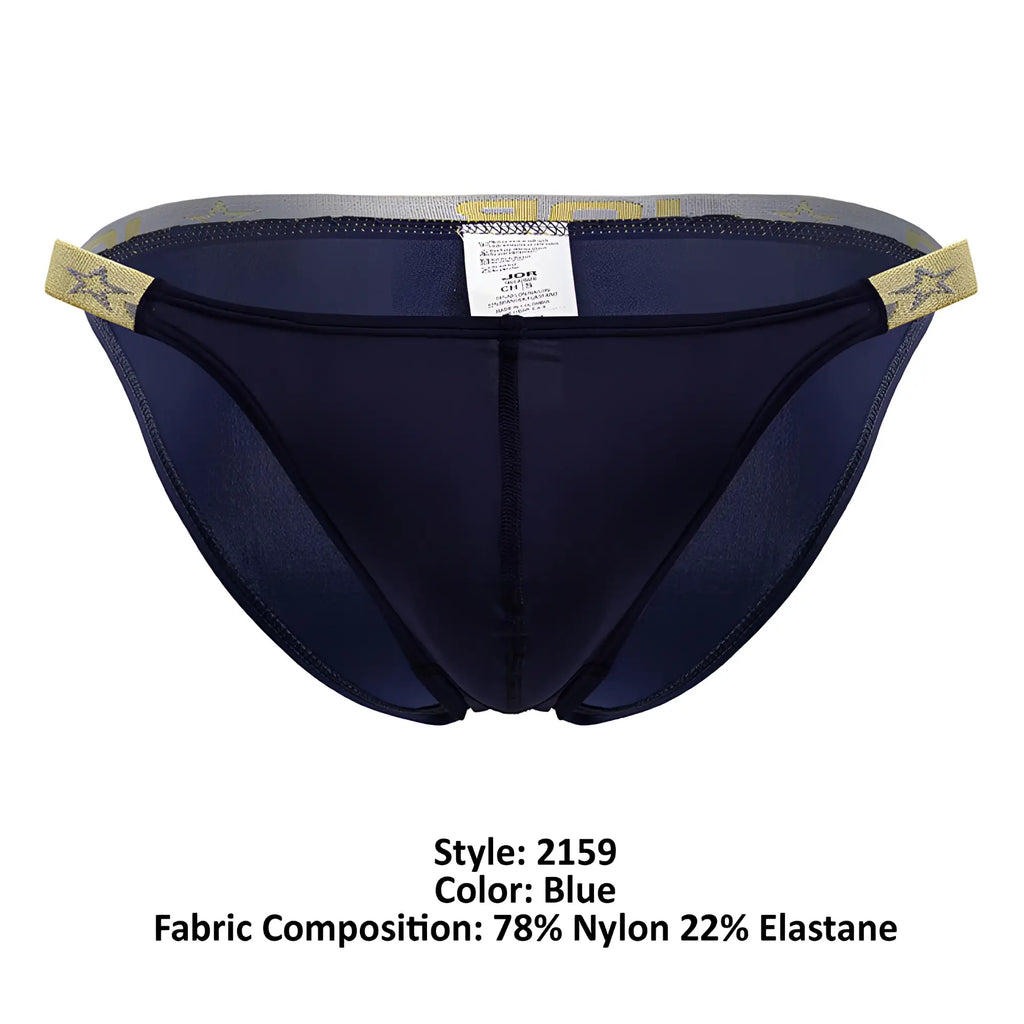 Navy blue JOR 2159 Ares bikini briefs with gold star side tabs and a gray waistband for athletic wear