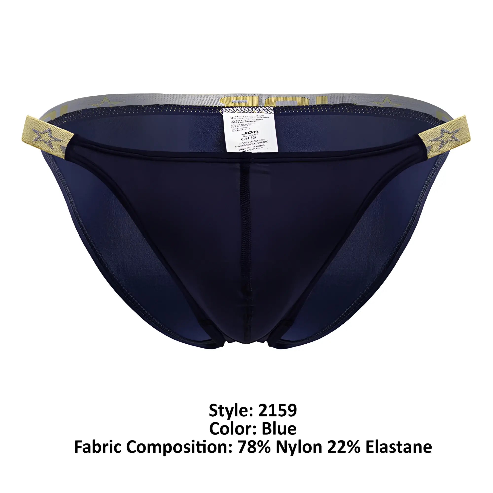 Navy blue JOR 2159 Ares bikini briefs with gold star side tabs and a gray waistband for athletic wear