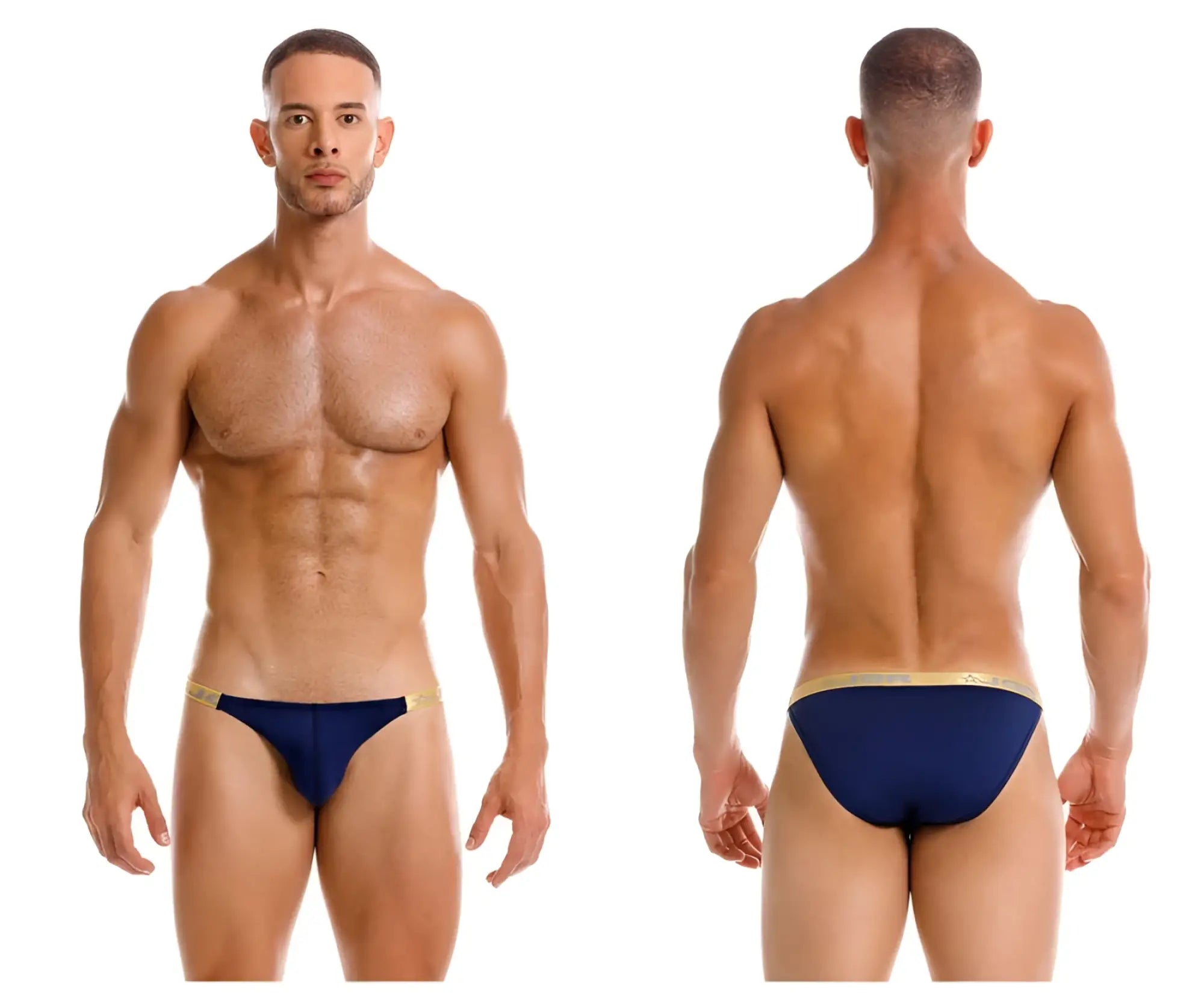 Navy blue JOR 2159 Ares bikini briefs with gold trim waistband made from comfortable fabric