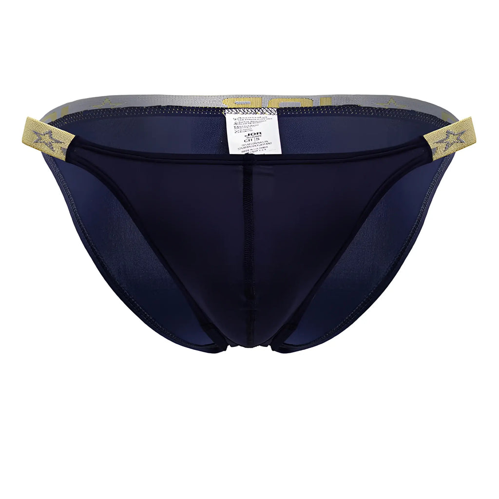 Navy blue JOR 2159 Ares bikini briefs with gold star-patterned mesh waistband and side tabs