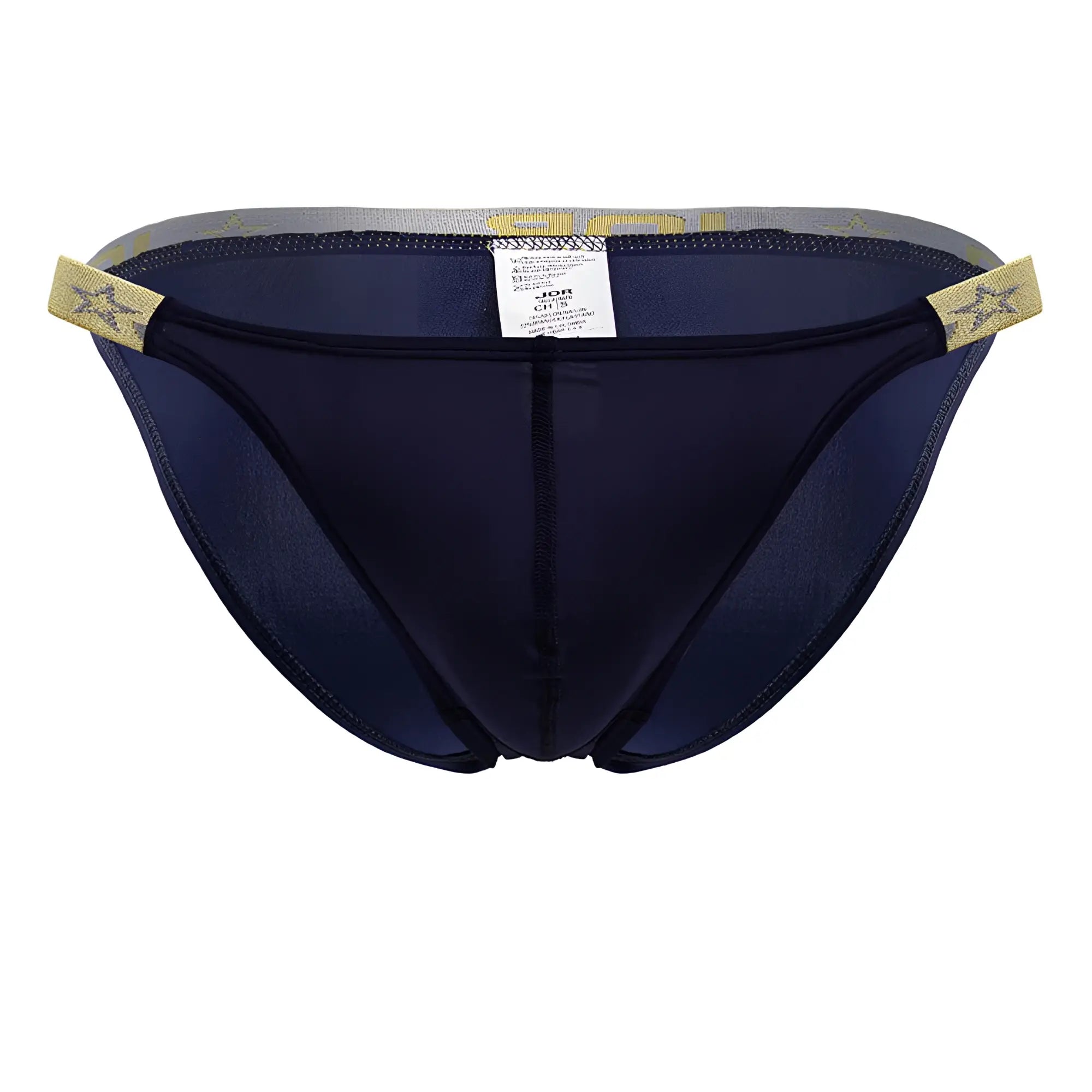 Navy blue JOR 2159 Ares bikini briefs with gold star-patterned mesh waistband and side tabs